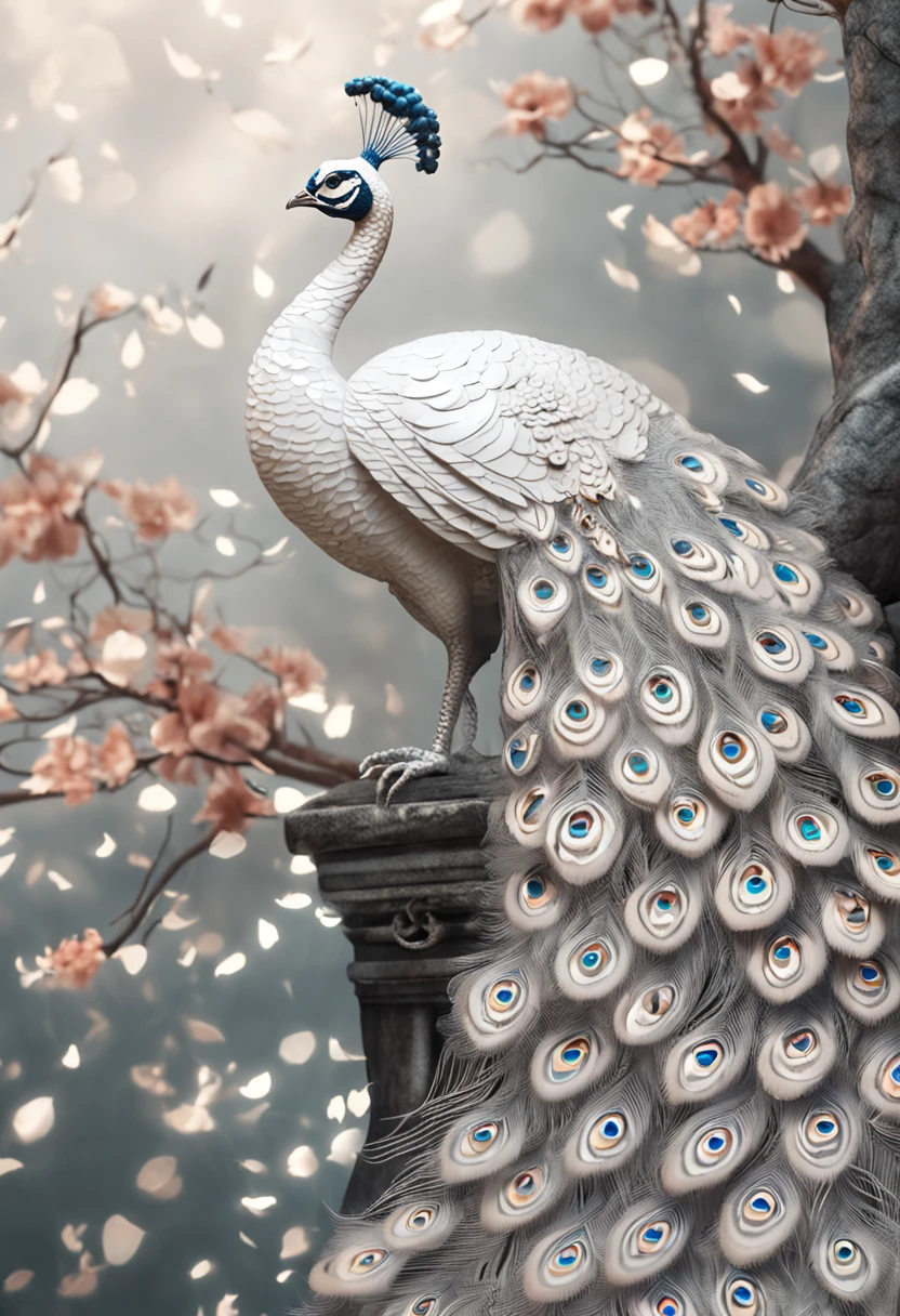 best quality, a stunning artwork of a beautiful white peacock, intricately detailed, (best shadow), elegant, volumetric lighting