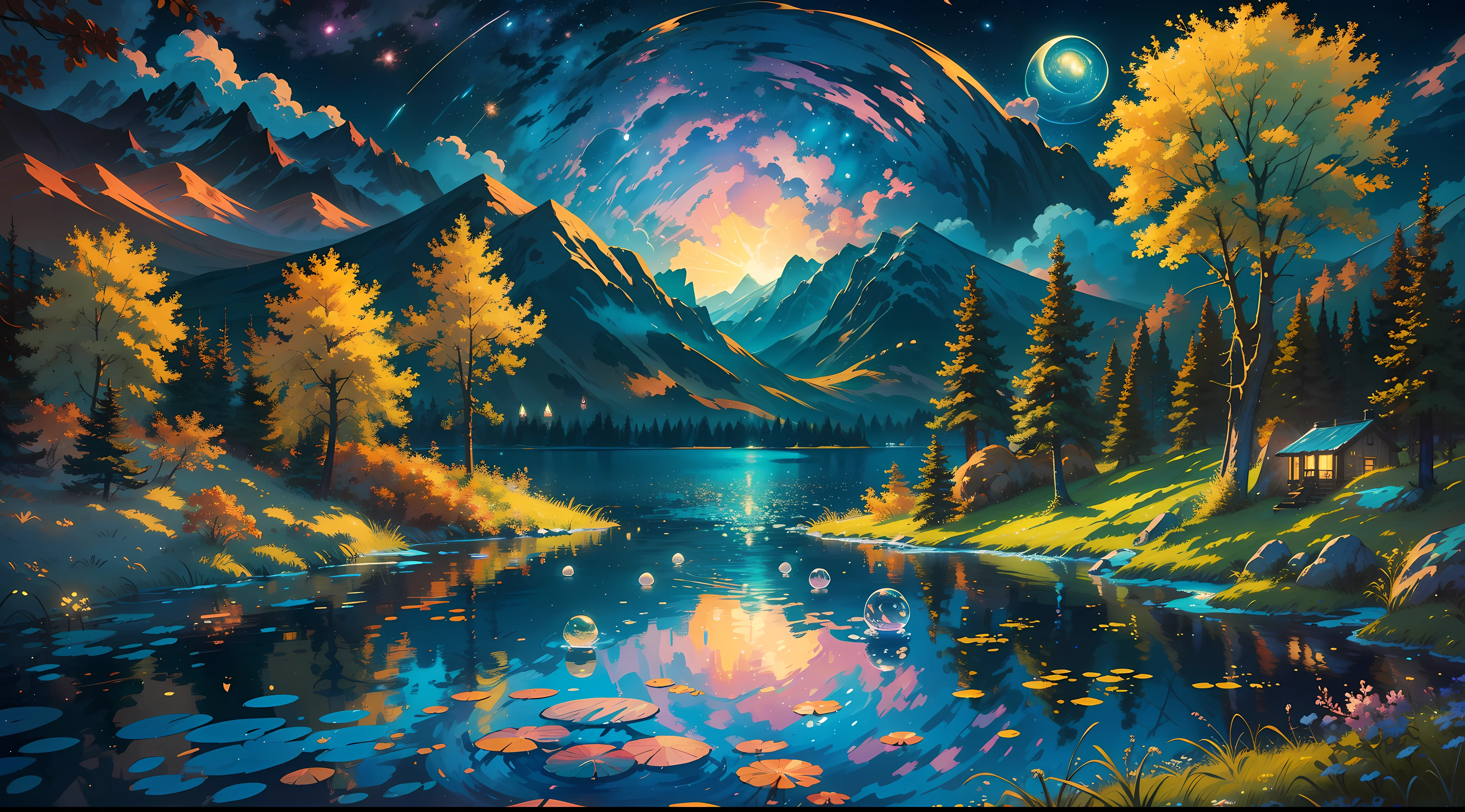 Painting of a lake with a mountain and a forest in the background ...