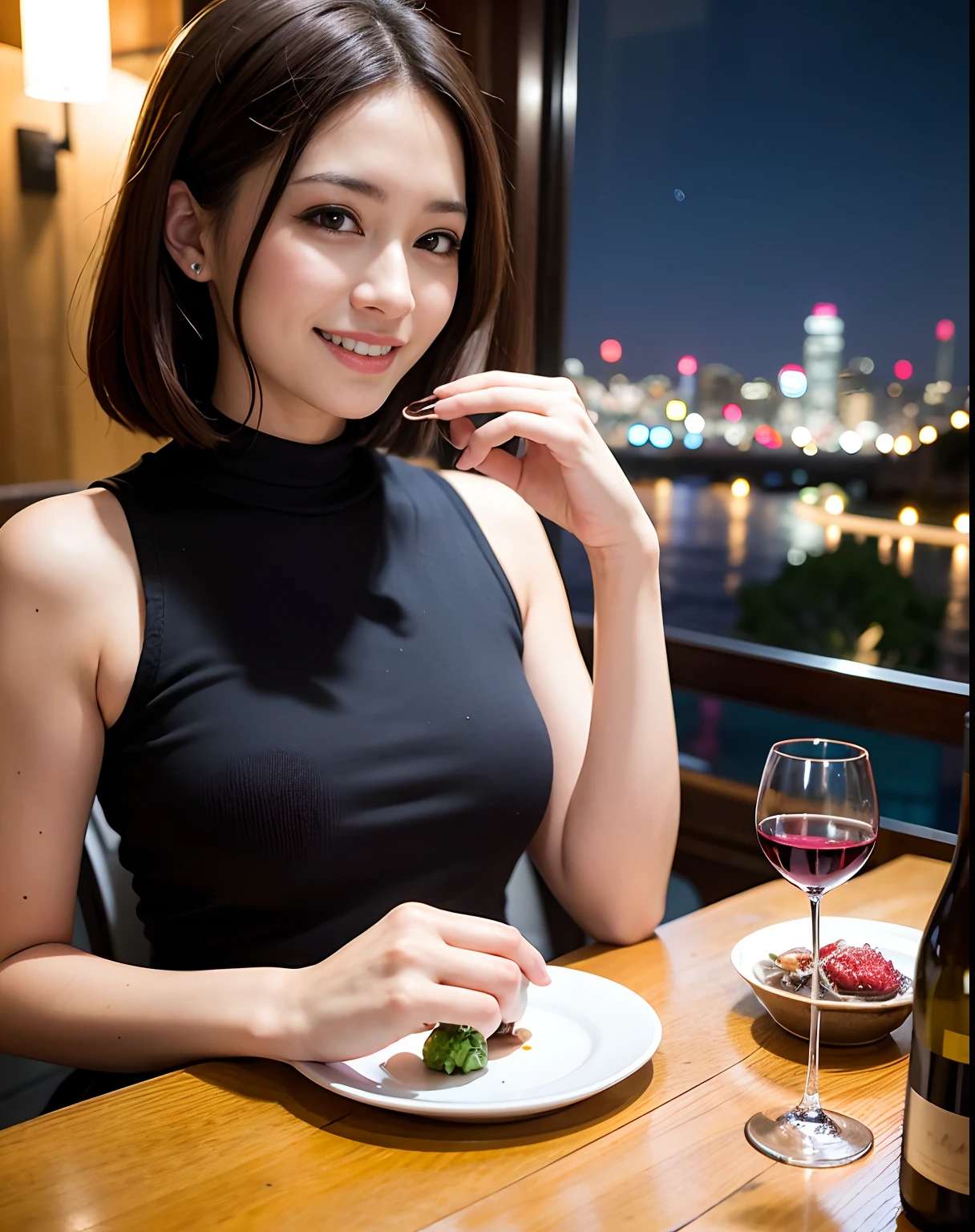 (64K, UHD, top quality, masterpiece: 1.2), (realistic, photorealistic: 1.37), super detailed, pretty woman 1 person, (slim face), (slim body), (brown hair), (short cut), cheeks slightly blushing, (44 years old), 38 years old, solo, beautiful detailed urban night view outside the window, restaurant, wine glasses sit, at night, in a prominent placeNovaFrogStyle, Actress, Model, Waist Up, White Wine, Slim, Wine Glass, Super Clean Night View, Wine Glass Put in the Middle, Happy Smile, (Smile: 1.15), Beautiful Fine Eyes, Upper Body, Bust Japan Up, Night, Short, Short, Actress, Model, Waist Up, White Wine, Slim, Wine Glass, Super Clean Night View, Wine Glass Put in the Middle, Happy Smile,