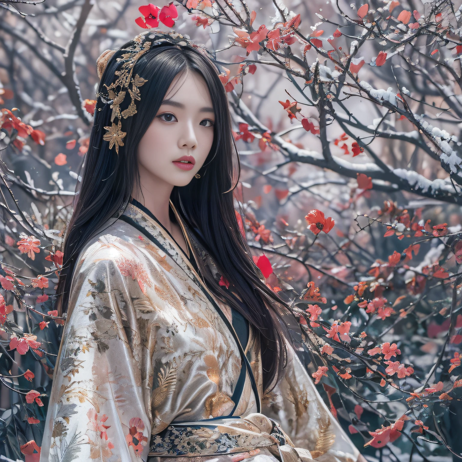 32K(tmasterpiece,k hd,hyper HD,32K)Long flowing black hair,Rockery,zydink, a color, Xuzhou people (Seduce girls), (Red scarf in the snow), jumping posture, looking at the ground, long whitr hair, Floating hair, Carp pattern headdress, Chinese long-sleeved silver battle robe, (Abstract gouache splash:1.2), Pink petal background,Tulips flying(realisticlying:1.4),Black color hair,Fallen leaves flutter,The background is pure, A high resolution, the detail, RAW photogr, Sharp Re, Nikon D850 Film Stock Photo by Jefferies Lee 4 Kodak Portra 400 Camera F1.6 shots, Rich colors, ultra-realistic vivid textures, Dramatic lighting, Unreal Engine Art Station Trend, cinestir 800,Long flowing black hair,Transparent robe clothing