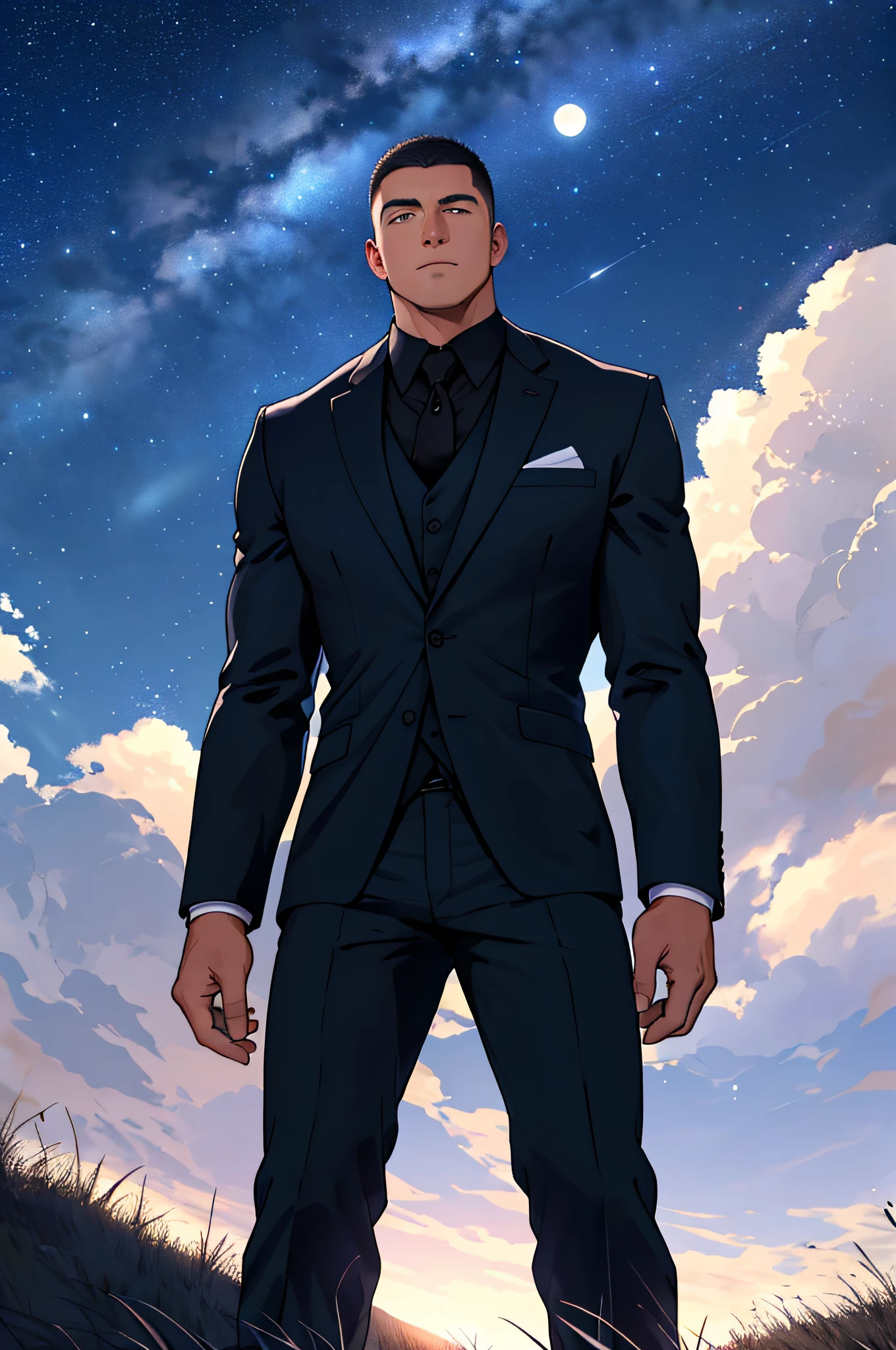 Draw a full-fledged athlete,Standing on the steppe at night,he is wearing a suit,The man looks confident and determined,looking-down,Crew cut,full bodyesbian,Stars dot the sky,shooting from below,Big moon highlights background