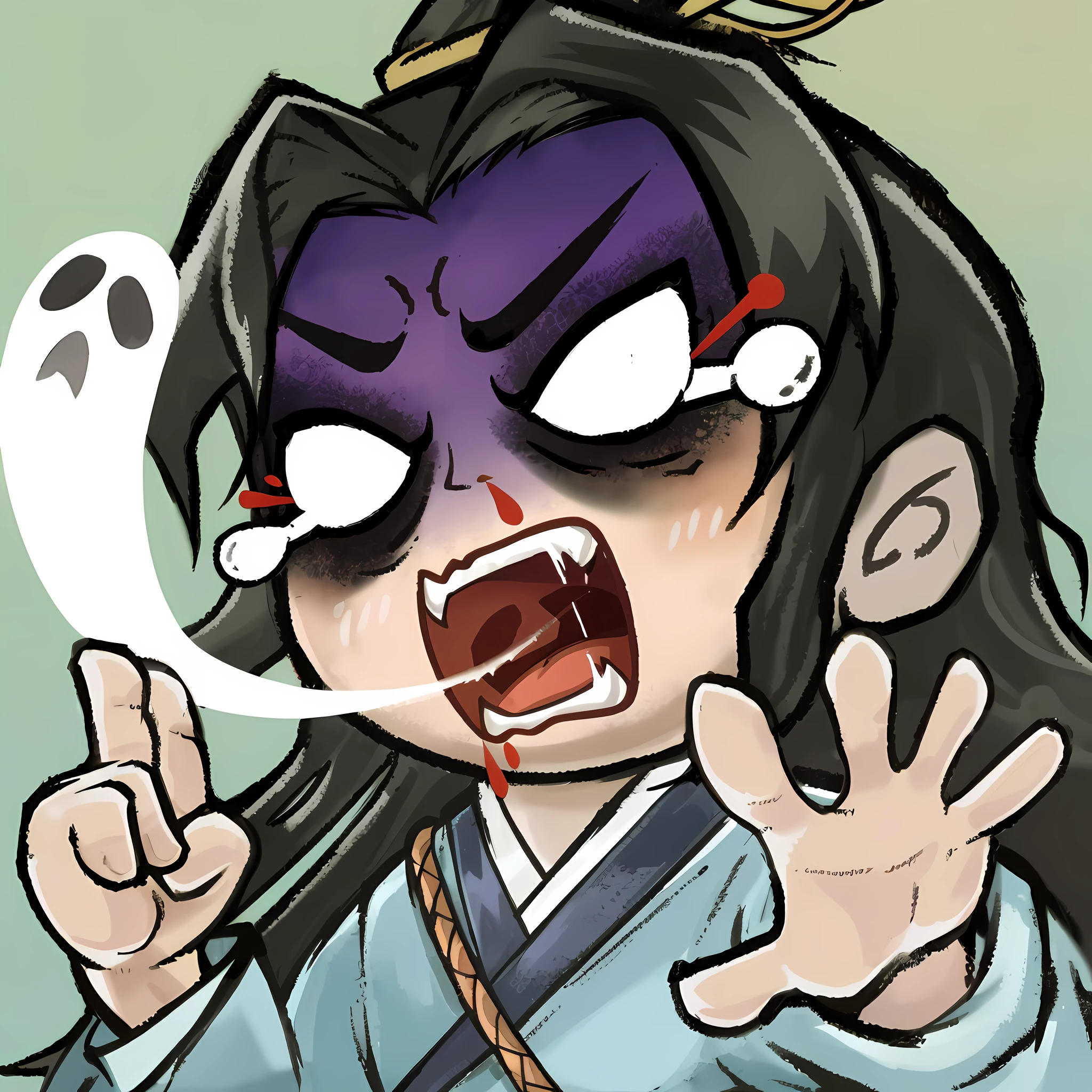 A cartoon drawing of a Taoist boy with a grimace and a purple shirt, onmyoji portrait, Evil expression, onmyoji, tired haunted expression, Haggard expression, tired and haunted expression, scary angry pose, devious evil expression, grim facial expression, evil pose, demon slayer rui fanart, Grim expression,，Fairy-like，Fairy wind road bone，Fairy-like，Fairy-like，Fairy-like，Fairy-like，Fairy-like，Ink character modeling，Graphic painting，Meticulous attention to detail， painting of a， （realisticlying： 1. 3），tmasterpiece，best qualityer，（complexdetails：1.2），独奏，Face in Focus，（closeup cleavage：0.8），超高分辨率，Correct body structure，Delicate skin，Half of the chibi，cyber punk perssonage， Christopher Studio Lighting，realisticlying，best qualityer， Cartoony，by Pixar：2。 5 Style，Extremely detailed Cg Unity 8K wallpaper, Extremely delicate CG Unity 8K, dramatics, intricately details, Super Realistic -Niji 5 -Stylistic Expressiveness --S 180 -ar 16:9 -