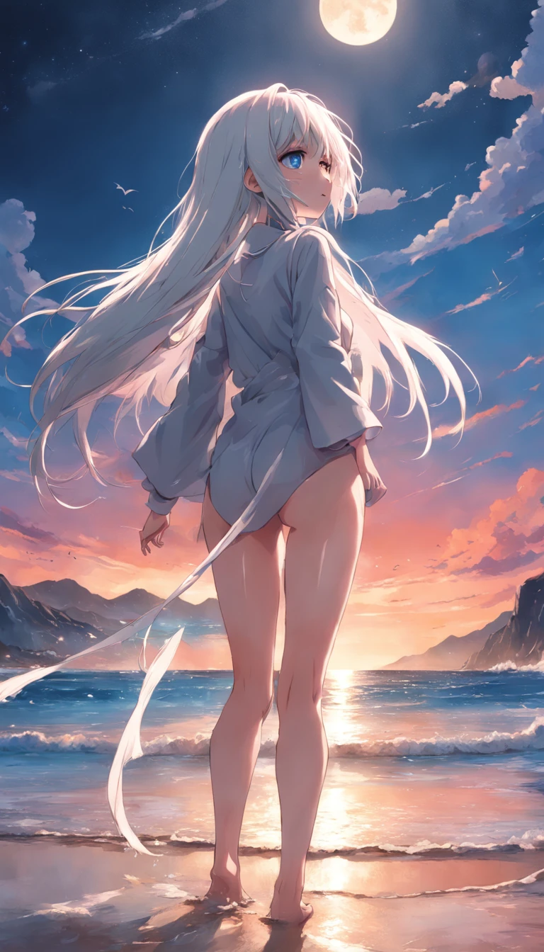beach,look up,long white hair,bare legs, dark