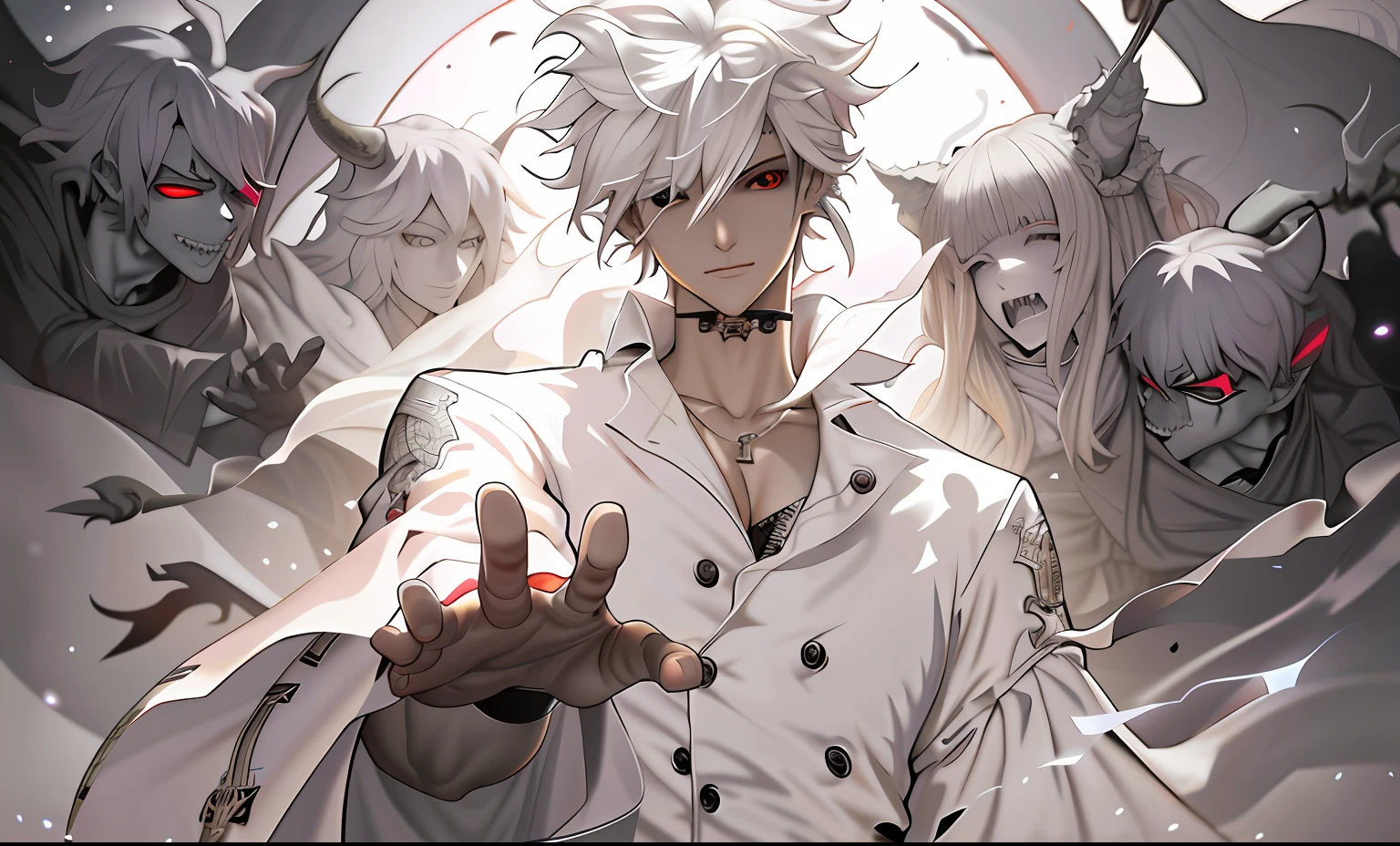 anime figure,White shirt and black hair surrounded by demonic creatures, handsome guy in demon killer art, Best anime 4k konachan wallpaper, demon slayer artstyle, nagito komaeda, detailed anime character art, Detailed digital anime art, trending on artstation pixiv, clean and meticulous anime art, zerochan art, demon slayer rui fanart, with index finger