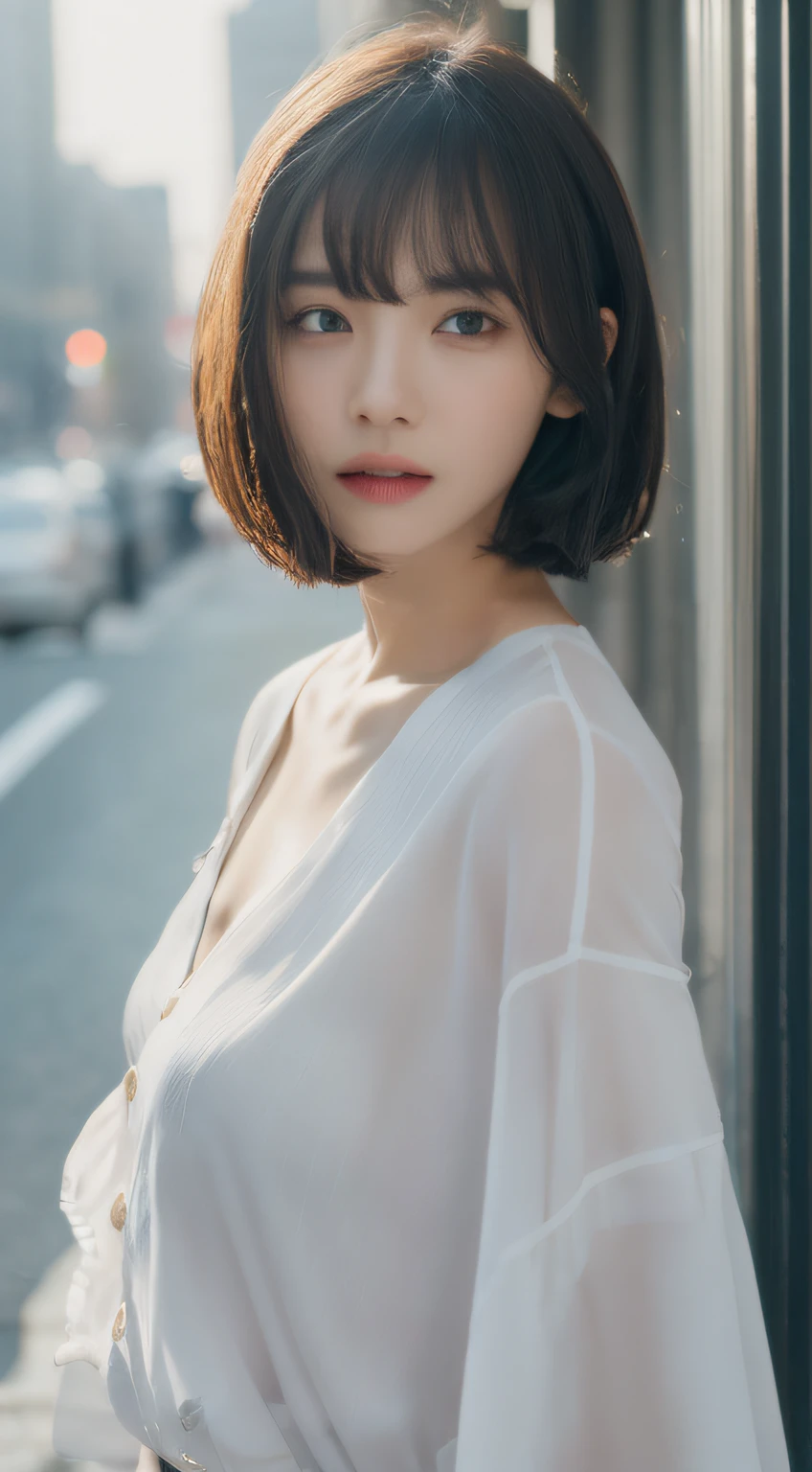 Alafe Asian woman with short hair and white dress stands on city street, With short hair, Gorgeous young Korean woman, Beautiful young Korean woman, beautiful Korean women, Korean Girl, white hime cut hairstyle, F / 1. 9 6. 8 1 mm iso 4 0, Korean Woman, girl cute-fine-face, young cute wan asian face