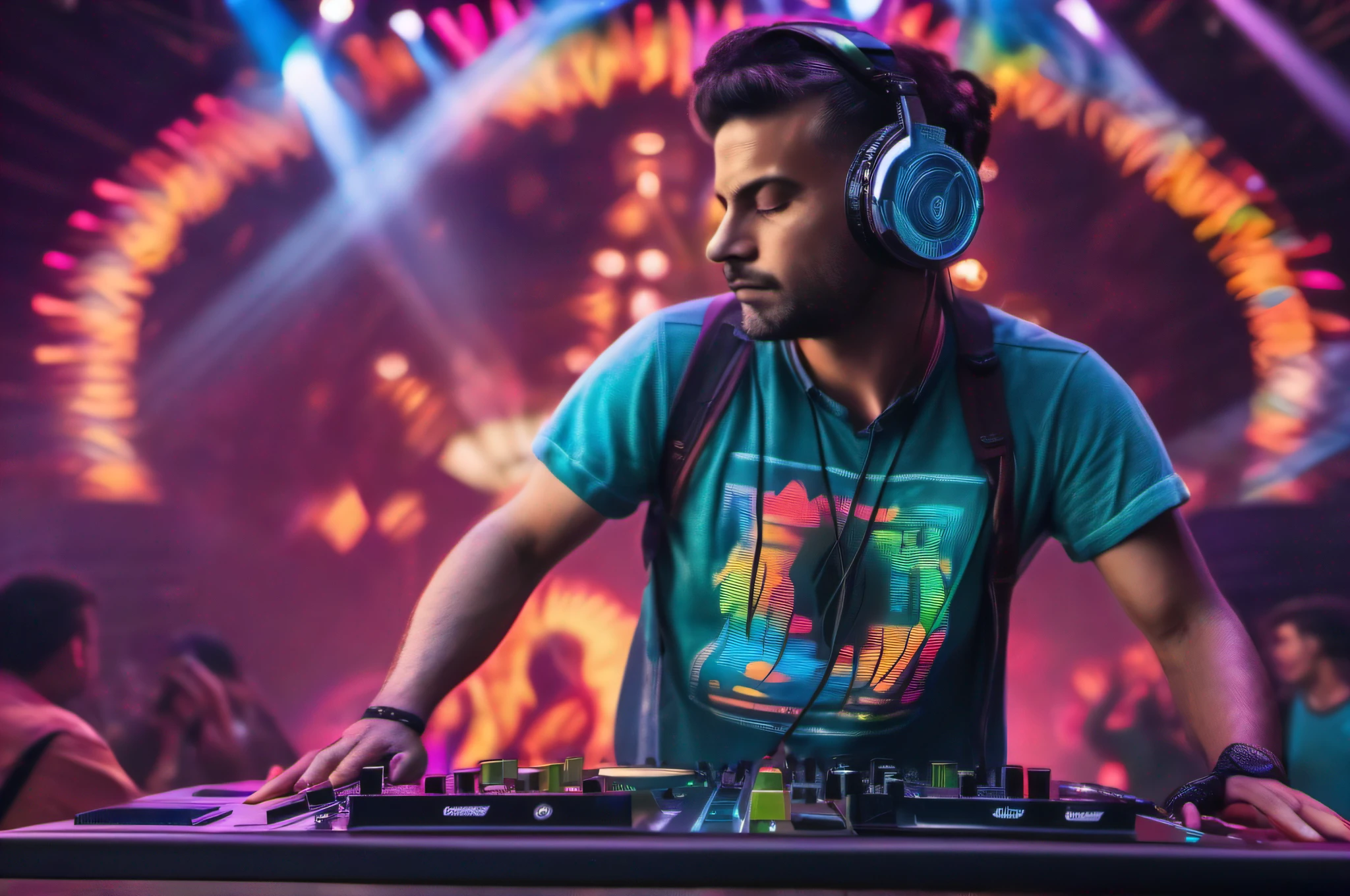 Upper body, (DJ with headphones and microphone: 1,4), mixing console, performing at a vibrant (music festival: 1,2) with (energy people: 1,1) and (stage lights colorful: 1.1),(cinematic lighting), RAW photo, 8K