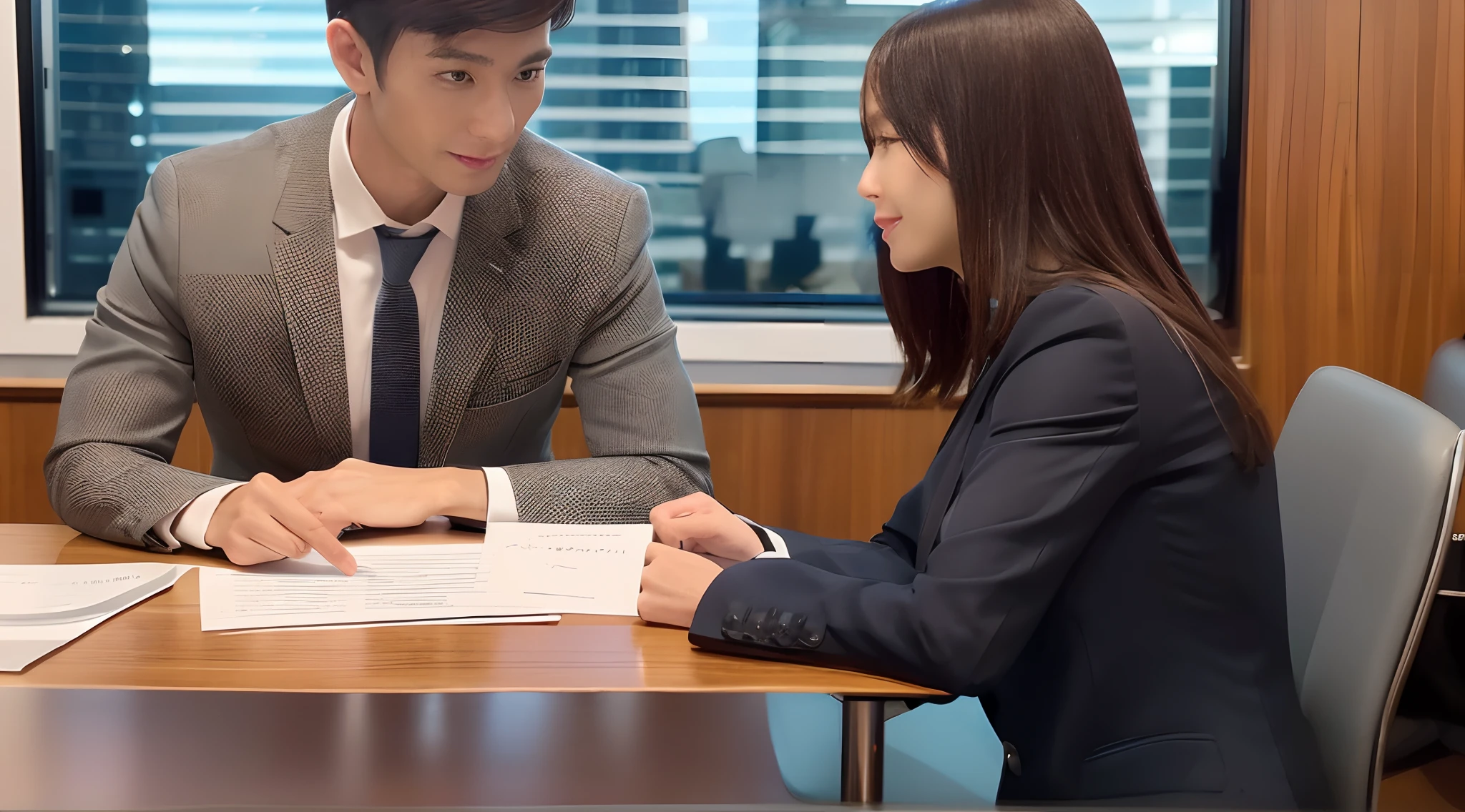 Two people sat at a table in the conference room, in a meeting room, business meeting, young business woman,in meeting together, professional cooperate, Focus on the model, vd,Male businessman, shoulder in front pose, Use a Lenovo laptop,Cyber style,Sci-fi style,