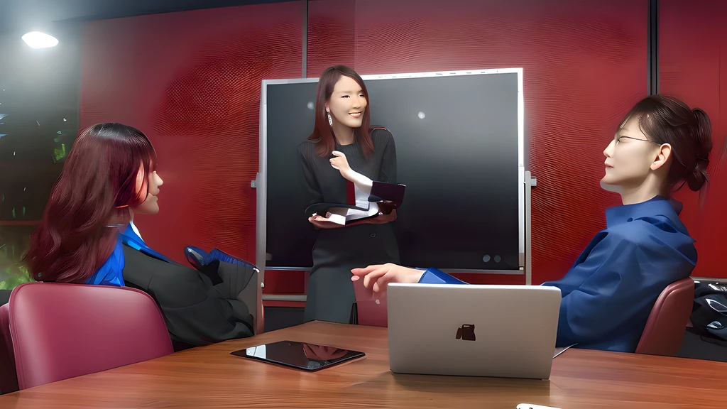 There were two people sitting at a table in the conference room, in a meeting room, business meeting, young business woman,in meeting together, professional cooperate, Focus on the model, vd,A male businessman, shoulder in front pose, Using a Lenovo laptop,Cyber style,Sci-fi style,