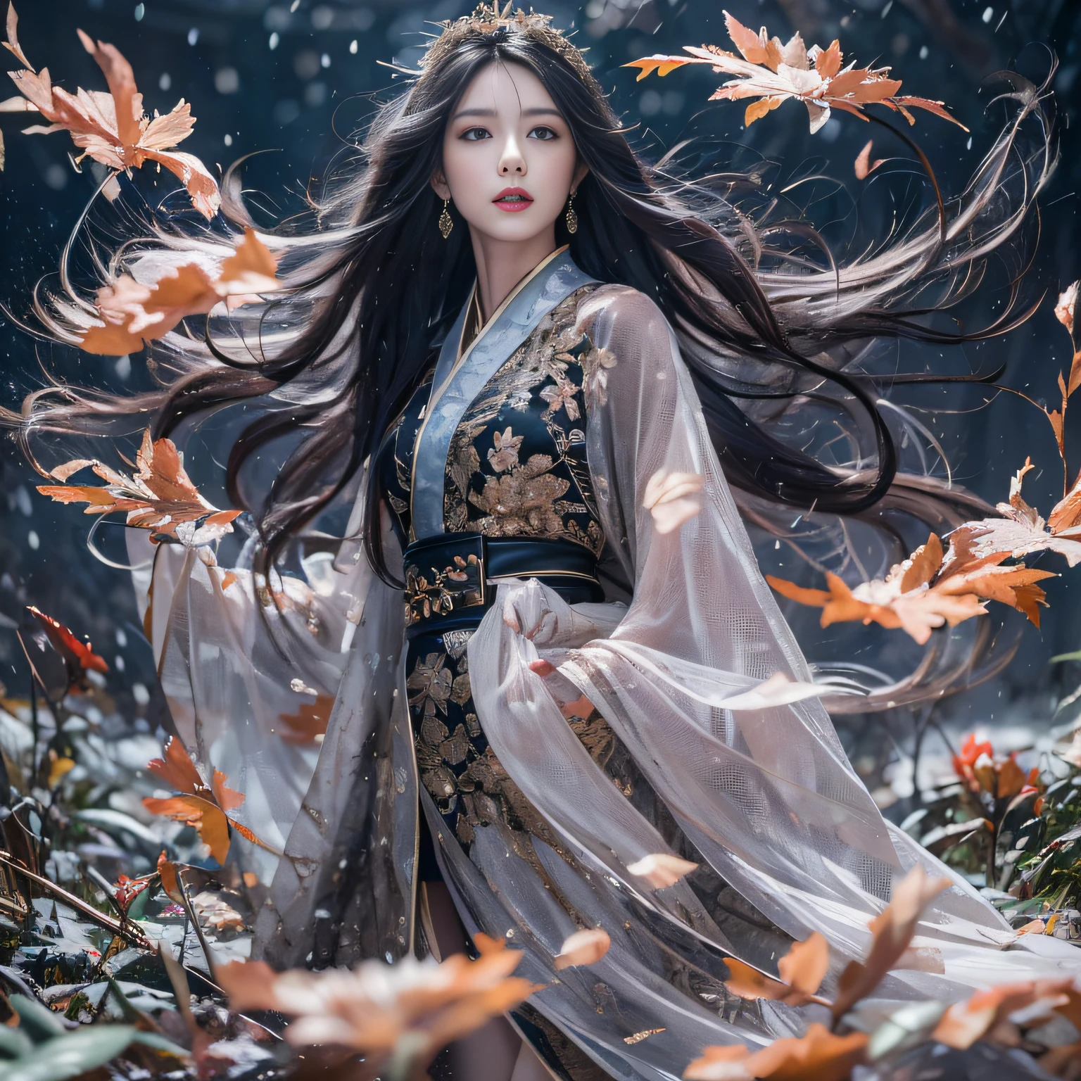32K（tmasterpiece，k hd，hyper HD，32K）Long flowing black hair，ponds，zydink， a color，  Xuzhou people （Seduce girls）， （Red scarf in the snow）， Jumping up pose， looking at the ground， long whitr hair， Floating hair， Carp pattern headdress， Chinese long-sleeved silver battle robe， （Abstract gouache splash：1.2）， Pink petal background，Jasmine flowers fly（realisticlying：1.4），Black color hair，Fallen leaves flutter，The background is pure， A high resolution， the detail， RAW photogr， Sharp Re， Nikon D850 Film Stock Photo by Jefferies Lee 4 Kodak Portra 400 Camera F1.6 shots, Rich colors, ultra-realistic vivid textures, Dramatic lighting, Unreal Engine Art Station Trend, cinestir 800，Long flowing black hair，Transparent robe clothing