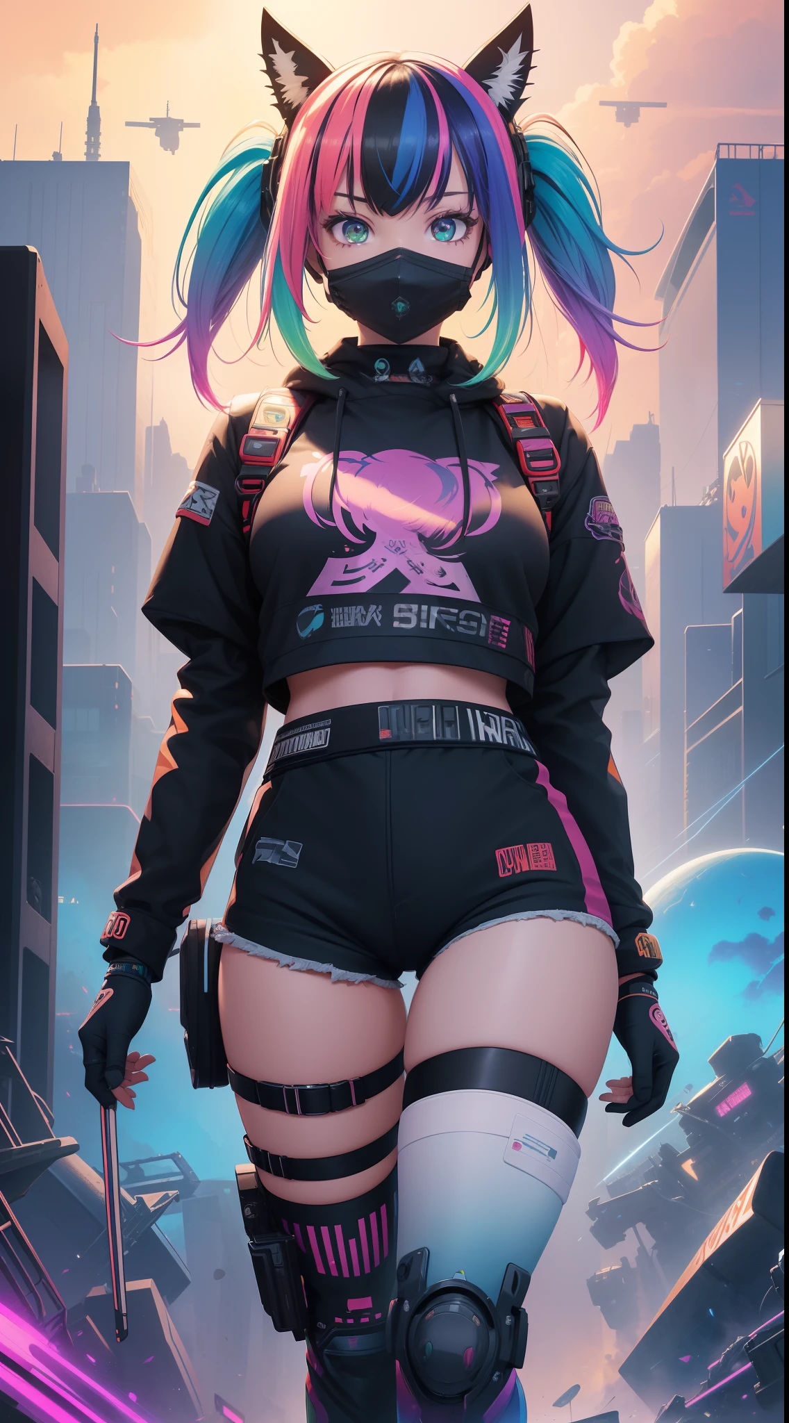 best quality, ultra detailed, masterpiece, illustration,(1girl:1.5),(solo:1.5),
//
(face mask,techpunkMask,mask, menpo), ((colorful streaked hair)),((( gradient hair))),multicolored hair, ((streetwear)),shorts,green sportswear,abdominal muscle,circle robot ears,big breasts,thigh strap, red eyes, 
//
view from below,dutch angle,wide angle,intense splashes of saturated color,complementary colors,colorful paint,distant future,mecha city background,epic,enormous,vast,surreal,bright,cinematic lighting,(by amazing artist:1.2),intricate detail,infinite detail,extremely detailed,extremely high res,8k,concept art,artstation,