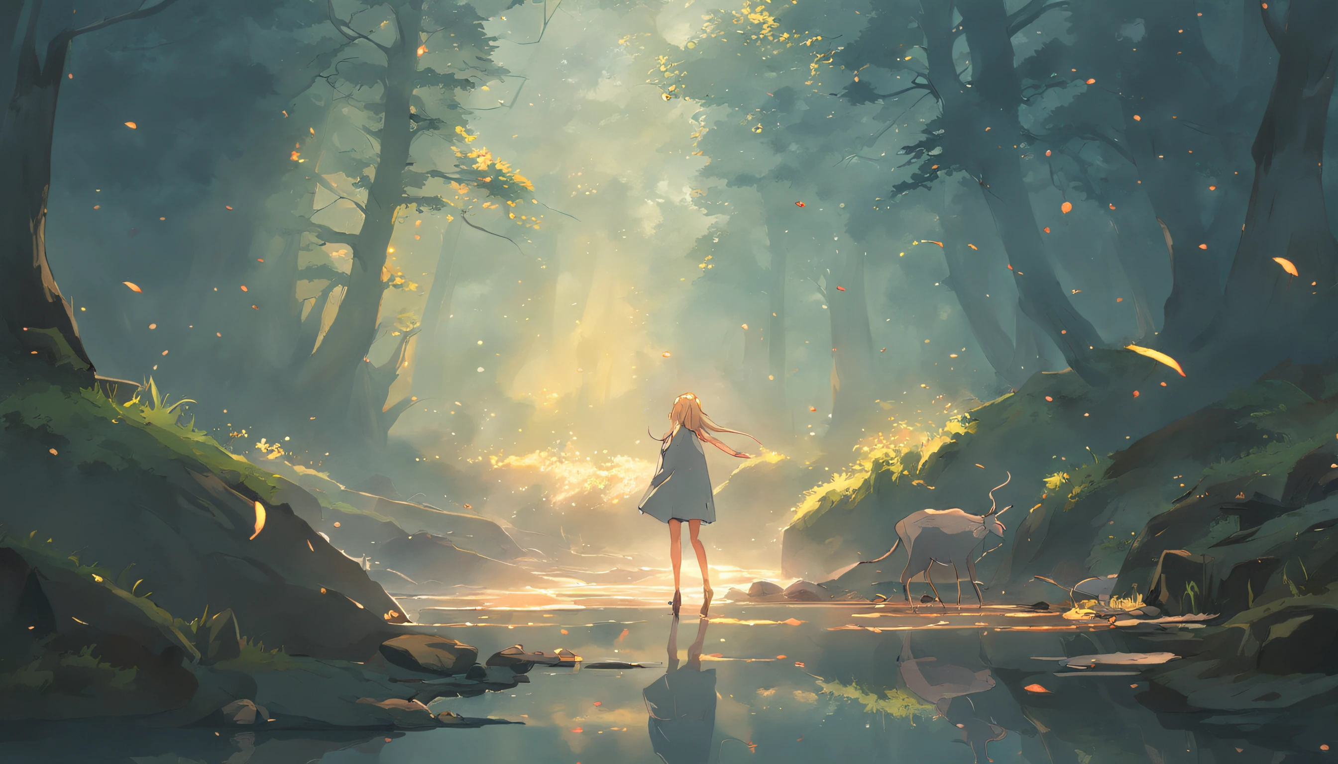 ln the forest,Heavy fog,deers,Pool,the setting sun