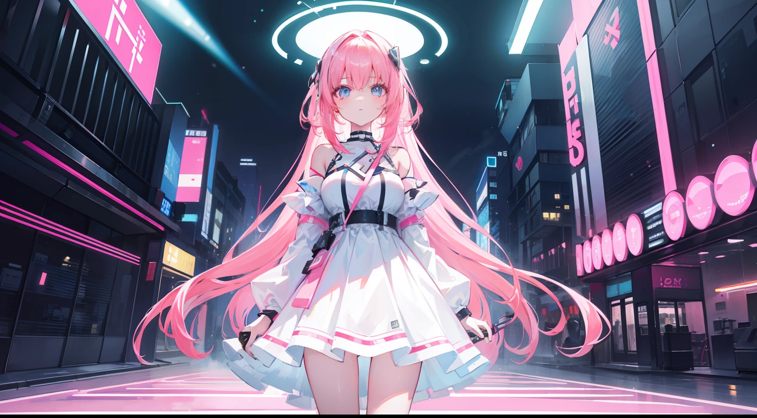 Masterpiece，neonlight，Ray traching，A girl stands in the middle of the picture,White dress,Long loose pink hair,Neon City,