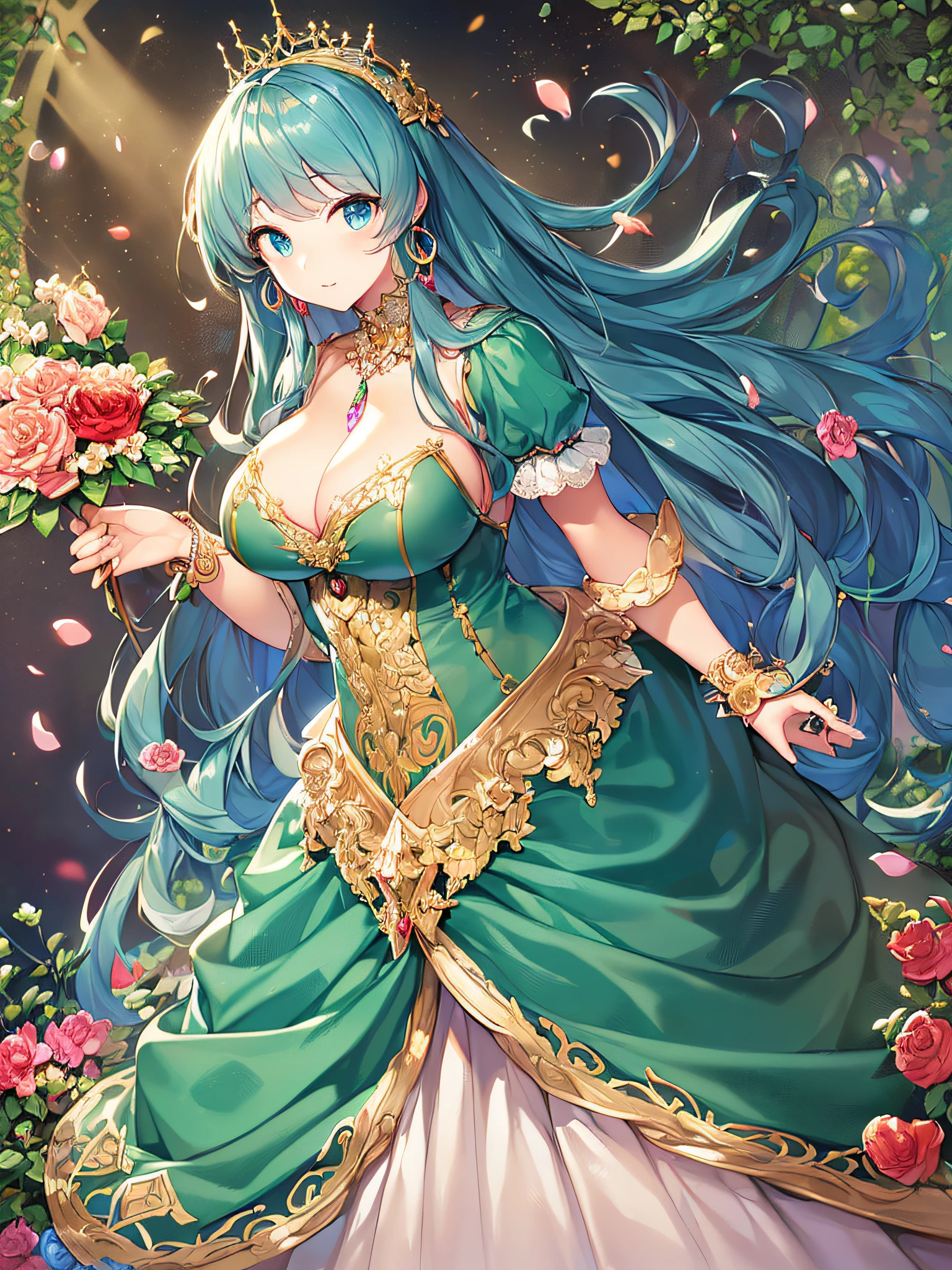 ((anime artstyle)),(Masterpiece),(Best Quality), (Super Detail),((Very Delicate and Beautiful)),(((Solo))),((full body portrait)),((1 princess in gorgeous princess rococo ballgown with voluminous full length hoop skirt)),((crinoline)),Long train,(((standing in garden))),(gorgeous gemstone jewelry),detailed face and eyes,jewel-like eyes,((large amount of straight hair,extremely voluminous Hair,Very Long Straight Hair)),((gigantic tits,Long tits)),cleavage,extremely gorgeousfull hair ornament,((bling-bling extremely gorgeousfull jeweled tiara)),((Dynamic Angle)),Looking at viewer,,flowers,flower petals flowing,((gorgeous princess rococo ballgown with voluminous full length hoop skirt))