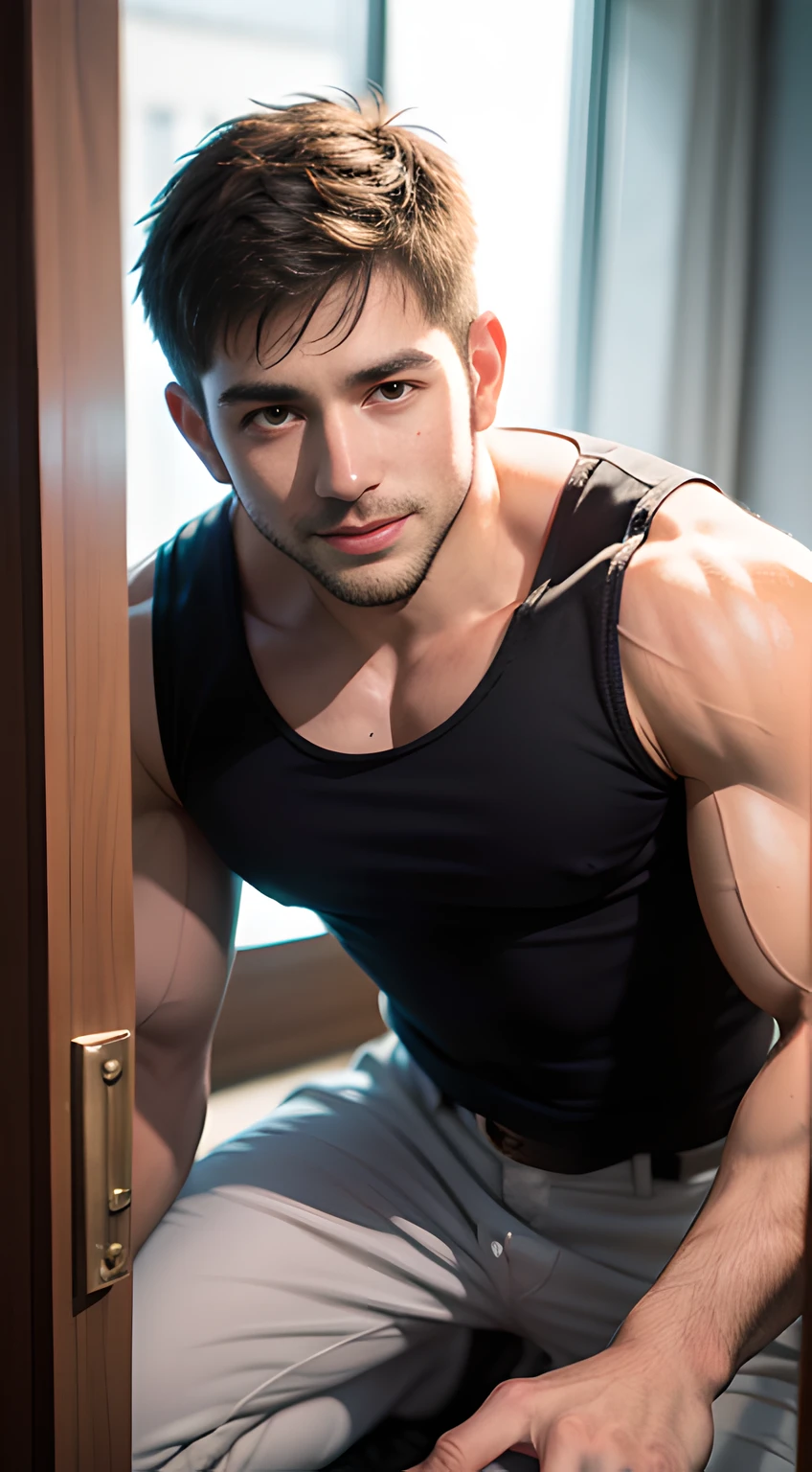 ((Men only)), (head shot), (face only), (kneeling), (handsome muscular man in his 20s), (Chris Redfield), (red tank top), (Mischievous smile), (detaile: 1 in 1), Natural muscles, HIG quality, beautidful eyes, (Detailed face and eyes), (Face、: 1 / 2), Noise, Real Photographics、... .................................................................................................................PSD, Sharp Focus, High resolution 8K, realisitic & Professional Photography, 8K UHD, Soft lighting, High quality, Film grain, FujifilmXT3