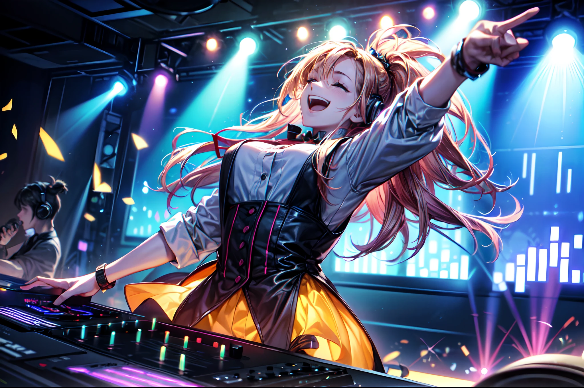 wide shot, hard light, [dynamic angle], (Inside a club, a DJ plays music, getting the audience excited. They dance, sing, and have fun to the rhythm of the music. The DJ watches their reaction, continuing to play music to further excite them. The club is filled with heat and excitement.), highres, ultra detailed, realistic