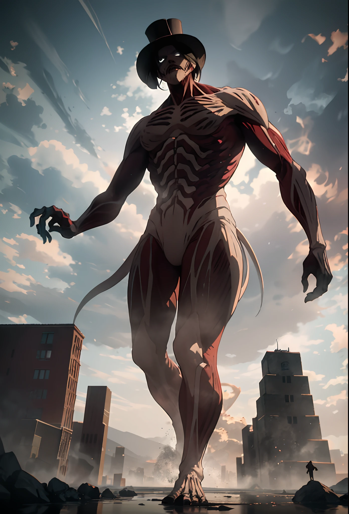 Imagining "Giant Brook" in the "Attack on Titan" universe unveils a uniquely haunting yet intriguing sight. Enlarged to Titan proportions, Brook's skeletal appearance and top hat would remain distinctive. His ethereal nature and musical spirit would take on an eerie quality as he navigates the battlefield. With his elongated limbs and agility, he'd move with a blend of grace and the supernatural, evoking both curiosity and trepidation. This colossal Brook would weave a narrative of mystery and otherworldliness, merging the worlds of his afterlife-themed background with the enigmatic atmosphere of "Attack on Titan.",made in octane, cinematic, ultra-realistic, extremely detailed octane rendering, 8k,dramatic lighting ray tracing reflections, unreal render