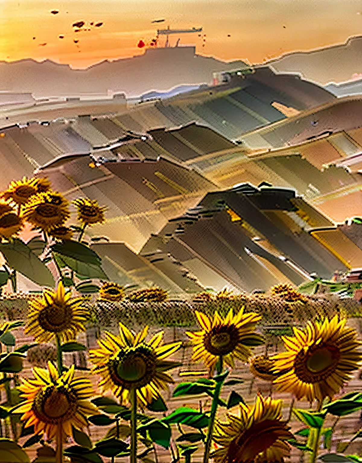 Arafeld sunflower field,The background is a city, Sunflower field, scene : Sunflower field, scene: Sunflower field, beijing, beautiful fine sky, sunflower fields, golden hour in beijing, Beautiful image, author:Shen Zhecai, sunflowers in the background, colours : yellow sunflowers, colours: yellow sunflowers, himawari, an aesthetic field of flowers
