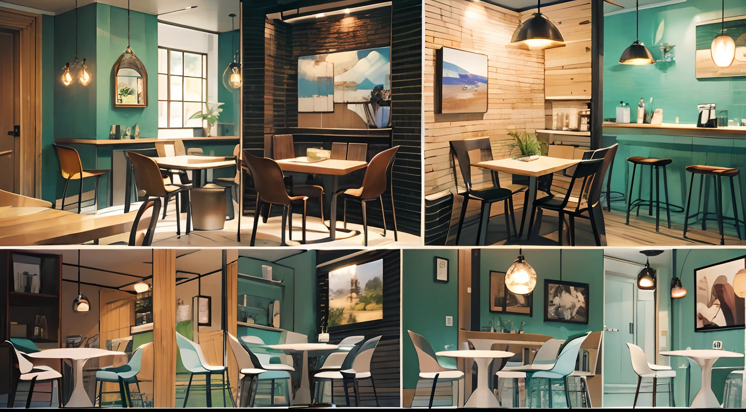 photoRealstic、simple rooms in the coffee shop、Thinking of variations of table and chairs and coffee sets. No human. Bright colors