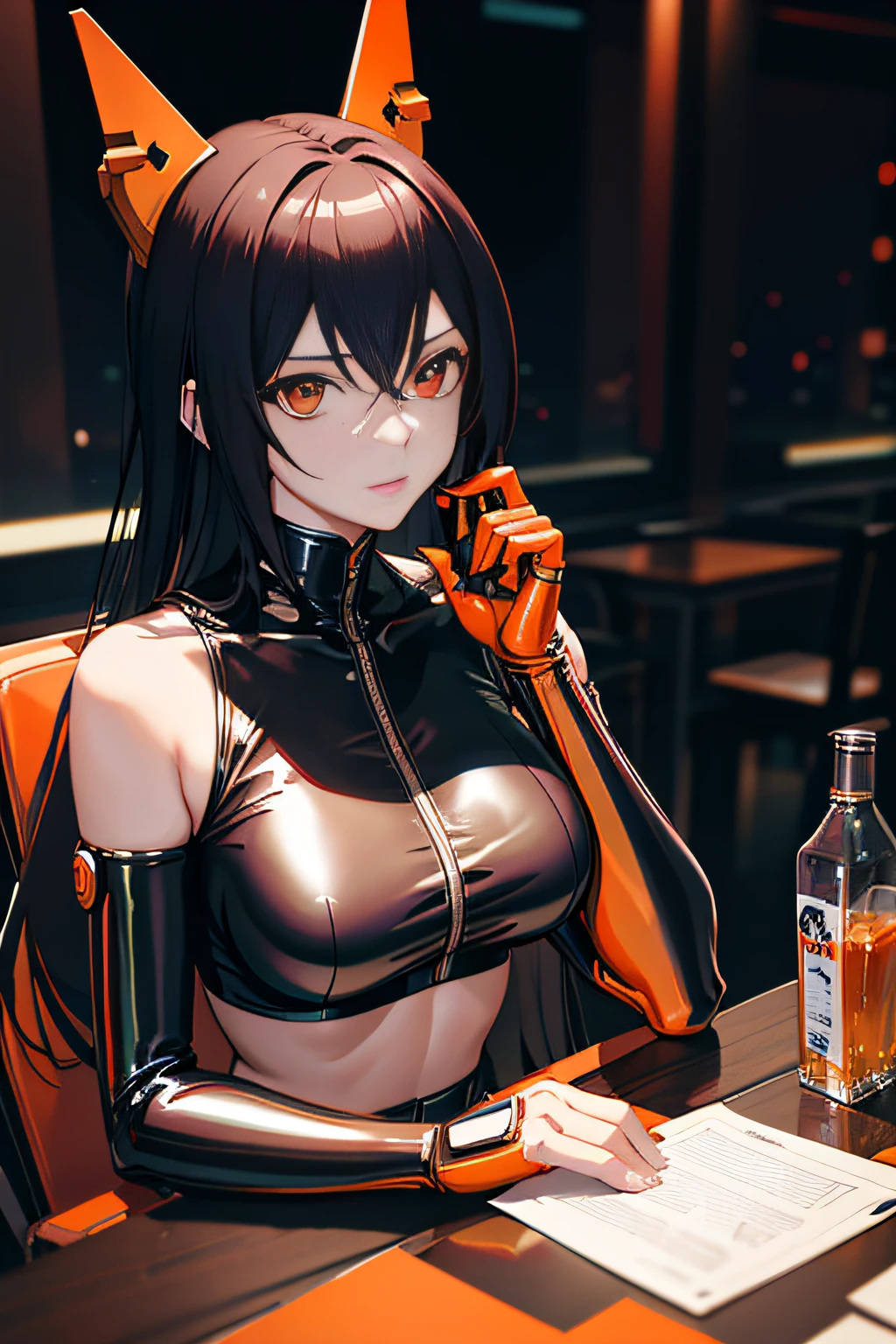 Anime - Woman in latex sitting at table with orange, Digital cyberpunk anime art, anime cyberpunk art, cyberpunk anime girl, trending on cgstation, digitl cyberpunk - anime art, female cyberpunk anime girl, cyberpunk anime art, trending on artstation pixiv, Guweiz on ArtStation Pixiv, an oppai cyberpunk, by Yang J