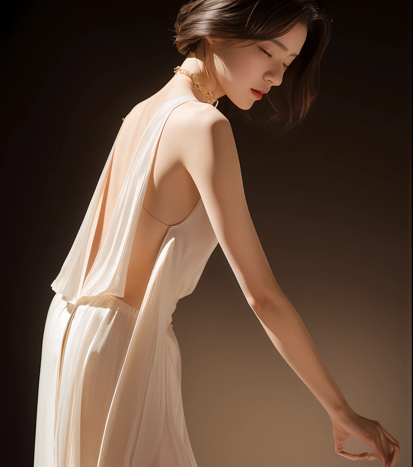 （tmasterpiece，high qulity，real photograph），Complicated details，Detailed shadows，localized light，An elegant woman，Individual performances，Delicate and delicate face and eyes，light make-up，Clavicle chain，long eyelasher，blackstockings，Short silk skirt，Sexy back，posterior view
