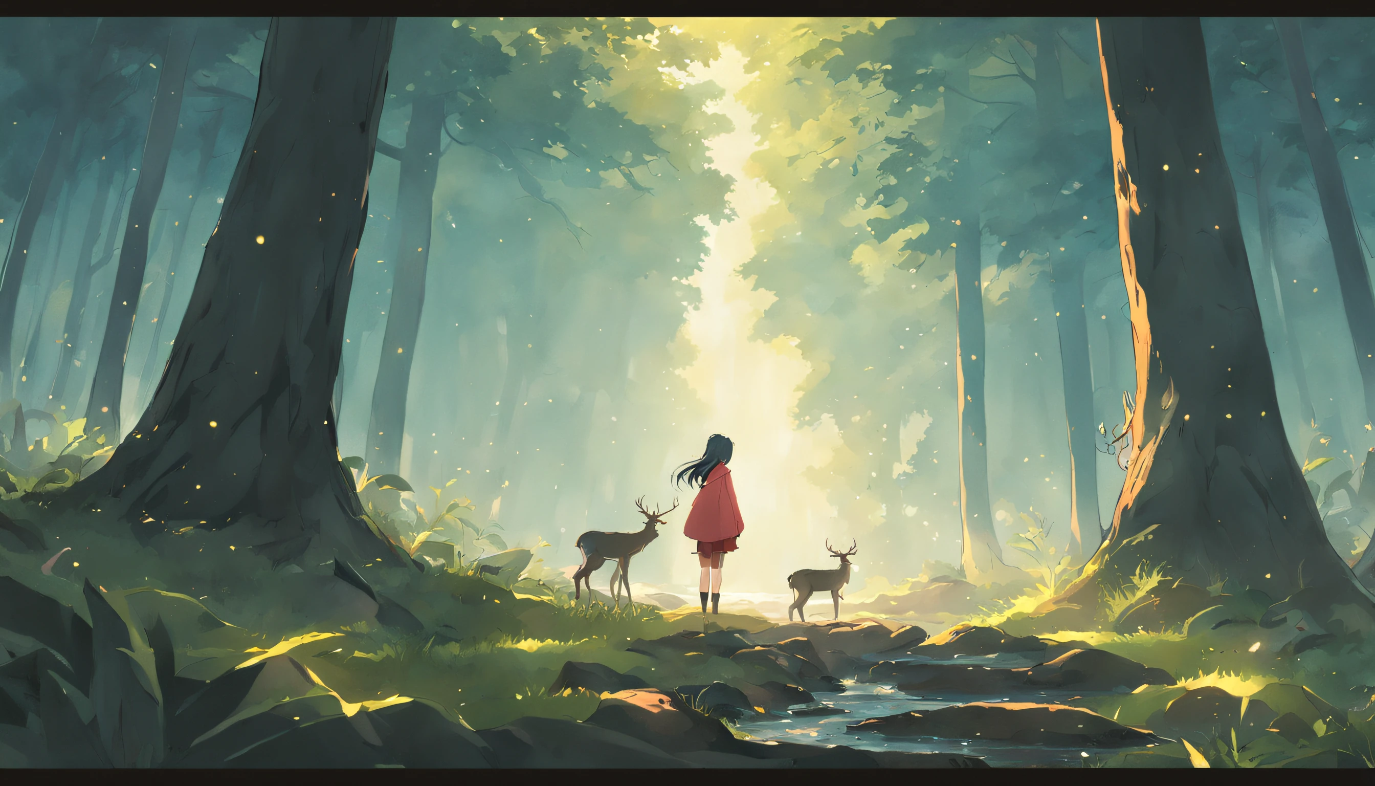 ln the forest，Heavy fog，deers，Pool，the setting sun