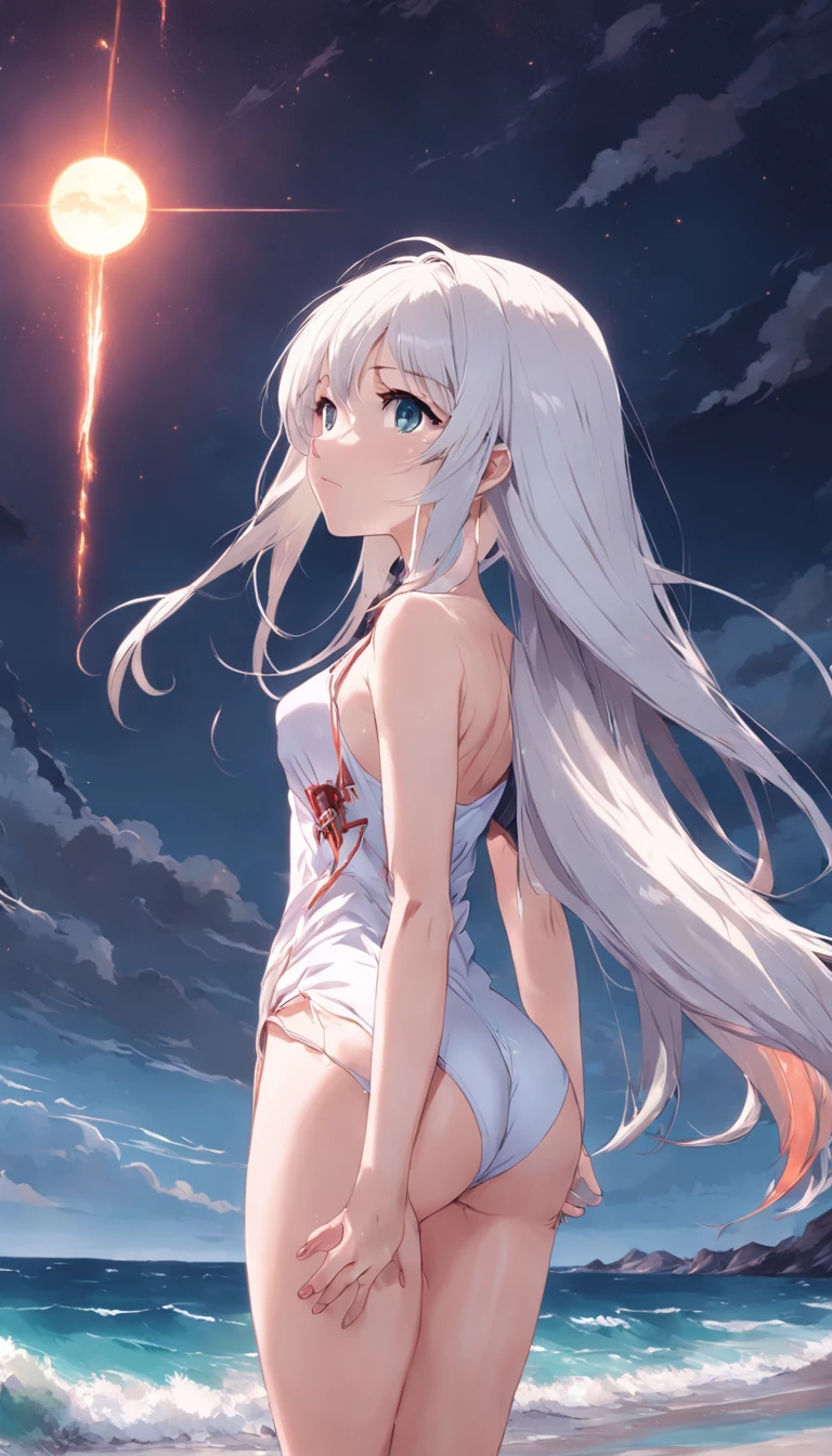 beach，look up，long white hair，full body, dark