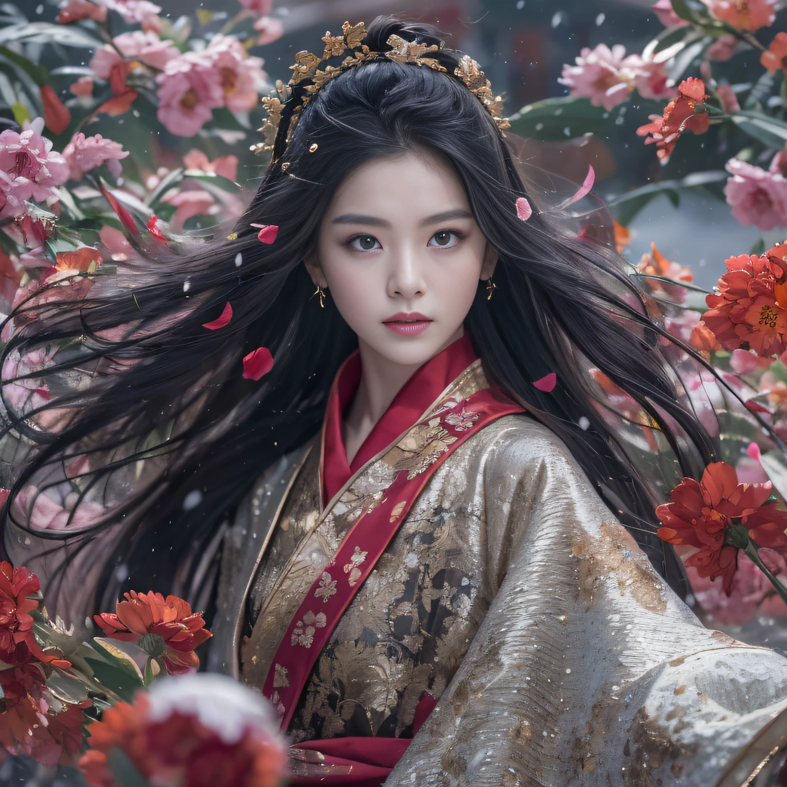 32K(tmasterpiece,k hd,hyper HD,32K)Long flowing black hair,Rockery,zydink, a color, Xuzhou people (Seduce girls), (Red scarf in the snow), jumping posture, looking at the ground, long whitr hair, Floating hair, Carp pattern headdress, Chinese long-sleeved silver battle robe, (Abstract gouache splash:1.2), Pink petal background,Tulips flying(realisticlying:1.4),Black color hair,Fallen leaves flutter,The background is pure, A high resolution, the detail, RAW photogr, Sharp Re, Nikon D850 Film Stock Photo by Jefferies Lee 4 Kodak Portra 400 Camera F1.6 shots, Rich colors, ultra-realistic vivid textures, Dramatic lighting, Unreal Engine Art Station Trend, cinestir 800,Long flowing black hair,Transparent robe clothing