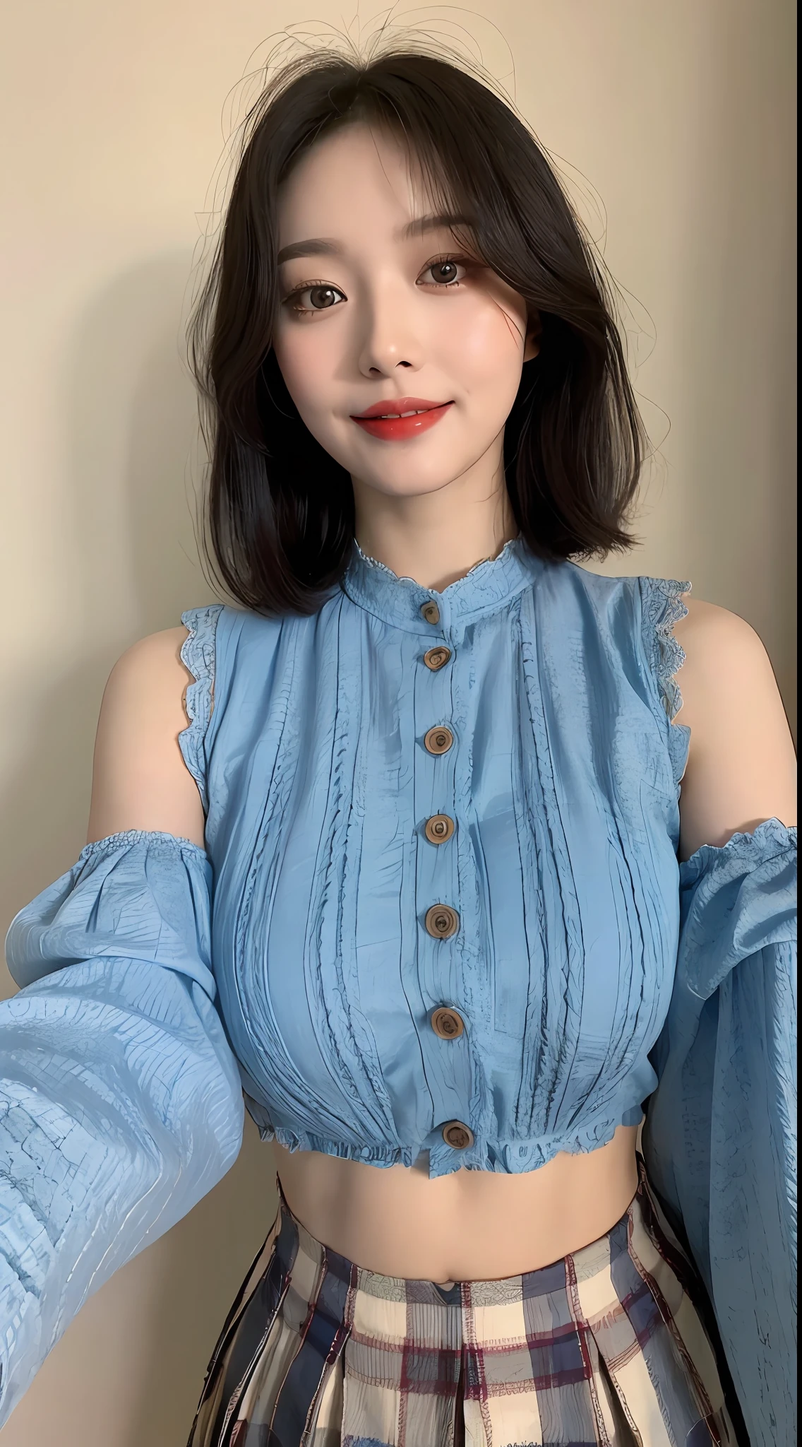high detal,8K分辨率,超高分辨率,Best image quality,a beauty girl,lipsticks,Love pupils,Peerless beauty,Messy black straight hair,shoulder-length short hair,(Coiled hair)Smooth hair,Intense and beautiful makeup,Exquisite and perfect facial features,the most beautiful big eyes,Be red in the face,Sweet smile,(Wearing a blue lace shirt with buttons,tiese ,Plaid pleated skirt)Open navel,Thin waist,(Full breasts)Get close to the viewer,dynamic angle,Extreme picture quality,Highest accuracy