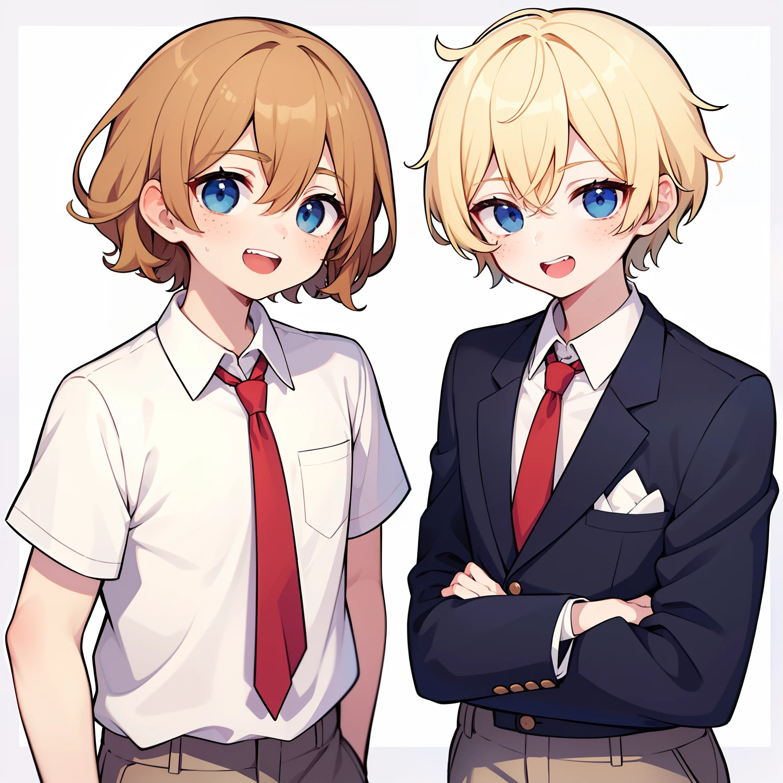 super fine illustration,animated,1boy,guy,man,male,short hair,curly hair,parted bangs,hair between eyes,blonde hair,short sleeve,half pants,brown trousers,smile,upper_teeth,blue eyes,white skin,white shirt,red tie,two buck teeth,freckles, super fine illustration,animated,upper_body,guy,man,male,short hair,curly hair,parted bangs,hair between eyes,blonde hair,smile,upper_teeth,blue eyes,white skin,white shirt,red tie,two buck teeth,freckles