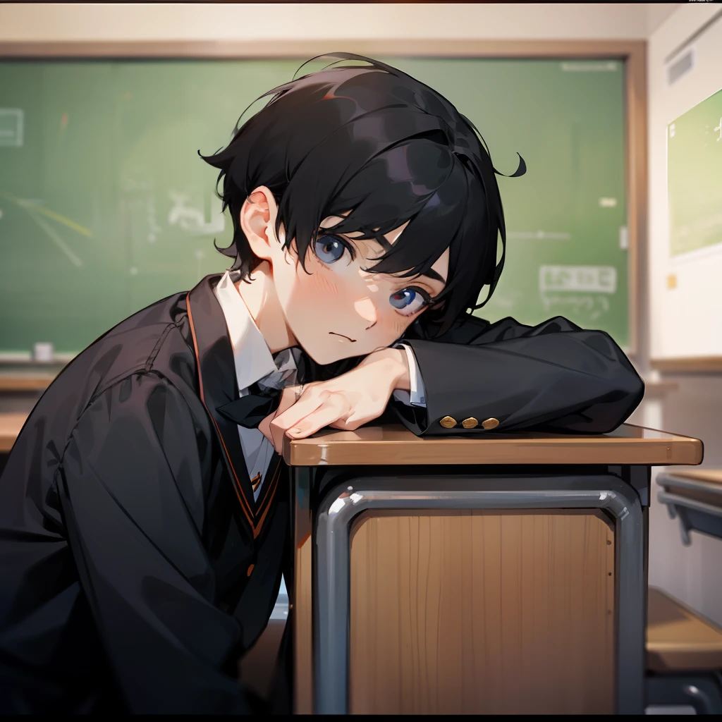 A boy with short black hair and a black school uniform,sitting in classroom,A speechless expression,A helpless expression