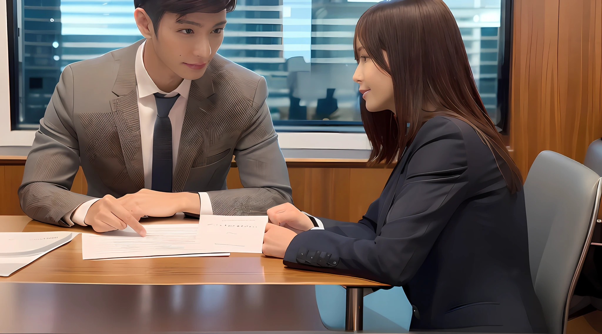 Two people sit at a table in the conference room, in a meeting room, business meeting, young business woman,in meeting together, professional cooperate, Focus on the model, vd,Male businessman, shoulder in front pose, Use a Lenovo laptop,Cyber style,Sci-fi style,