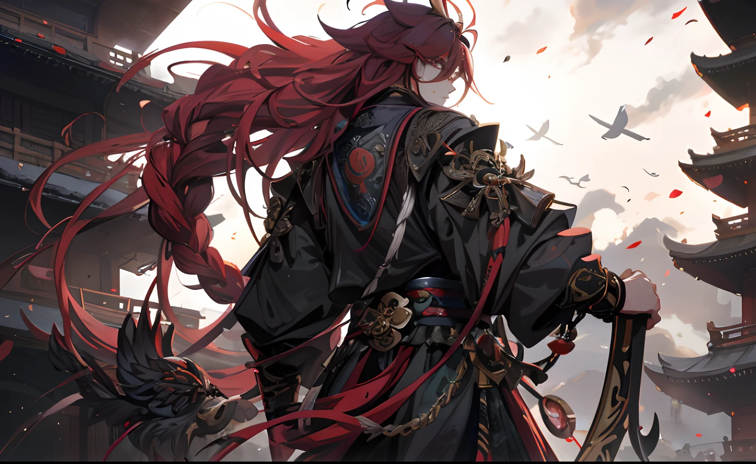 anime big breast, One with long red hair,Man with a sword in his hand, by Yang J, handsome guy in demon killer art, Detailed digital anime art, 2. 5 D CGI anime fantasy artwork, Onmyoji detailed art, G Liulian art style, epic exquisite character art, Badass anime 8 K, detailed anime character art, Keqing from Genshin Impact