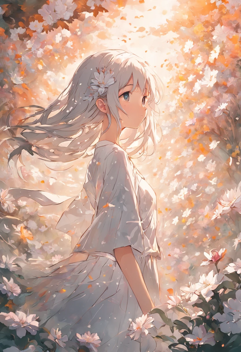 Blooming flowers flutter in the wind，Girl in flowers，Light white and silver design，Pay attention to the texture of the skin and flowers，Sony FE 12-24mm F/2.8 gm，Impressionist garden，Proficient in calligraphy，eco-friendly craftsmanship，Brush stroke exploration