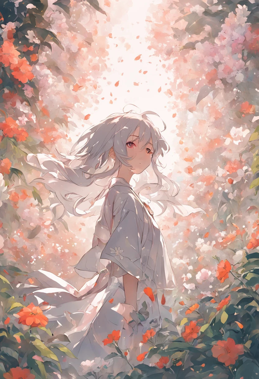 Blooming flowers flutter in the wind,Girl in flowers,Light white and silver design,Pay attention to the texture of the skin and flowers,Sony FE 12-24mm F/2.8 gm,Impressionist garden,Proficient in calligraphy,eco-friendly craftsmanship,Brush stroke exploration