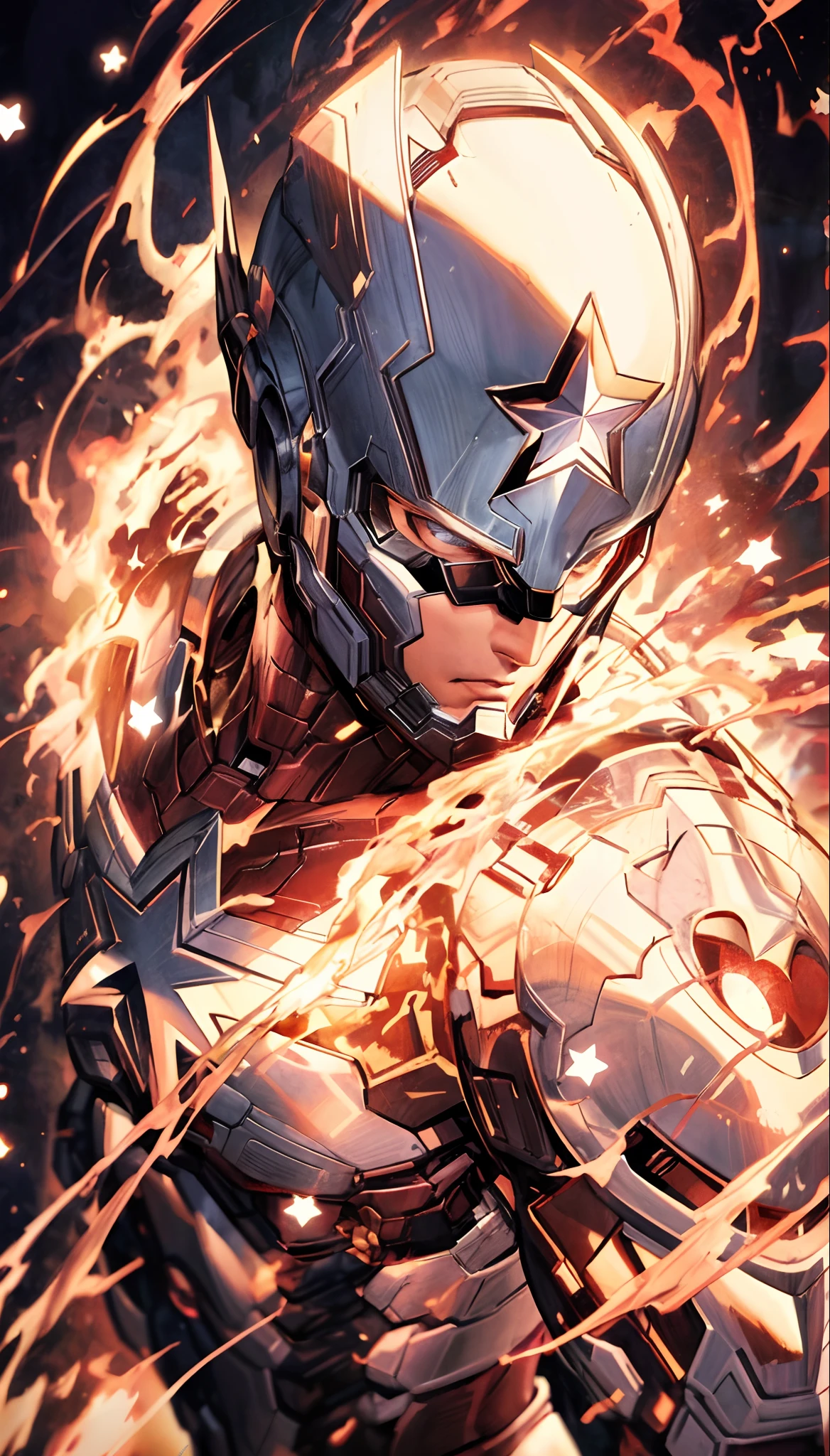 a close up of a robot with a fire in his hand, profile picture 1024px, by Luis Miranda, marvelous expression, marvel art, covered in full silver armor, avatar aang as captain america, as a panel of a marvel comic, by Eddie Mendoza, official art, high detail comic book art, artist unknown, comic artwork