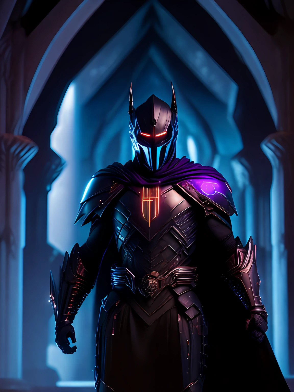 dark portrait of Black Knight from Marvel Comics with intricate angular cybernetic implants inside a brutalist building, gothic brutalist cathedral, cyberpunk, award-winning photo, bokeh, neon lights, cybernetic limb
