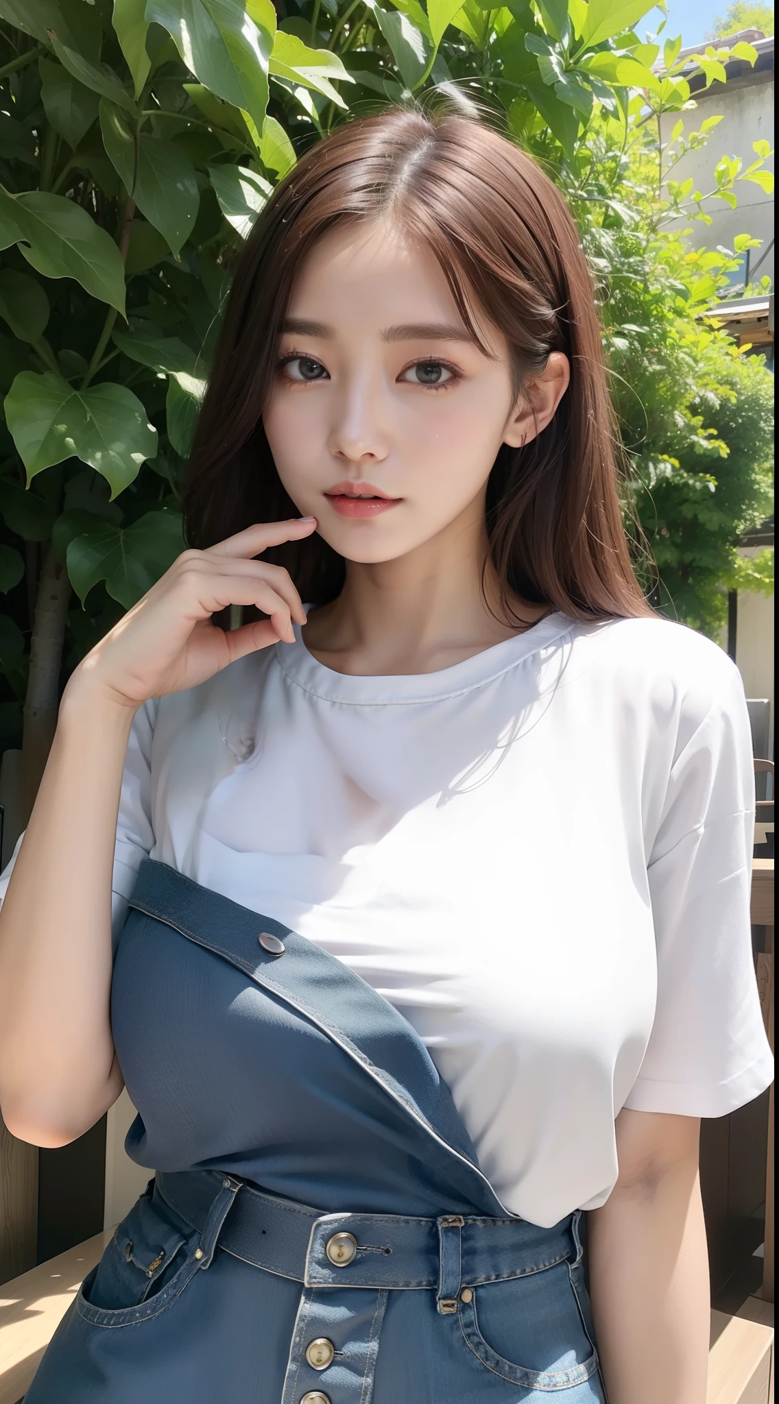 ((top-quality、8K、masterpiece:1.3))、voluptuous woman、1girl in、(Slender figure:1.2)、dark brown hair、hyperdetailed face、Detailed lips、A detailed eye、二重まぶた、(huge-breasted:1.2)、Random T-shirt、Random attire、random place、Specific women、Plain clothe、Dressing、ssmile、full body Esbian、NOWAI、Top of the mountains、