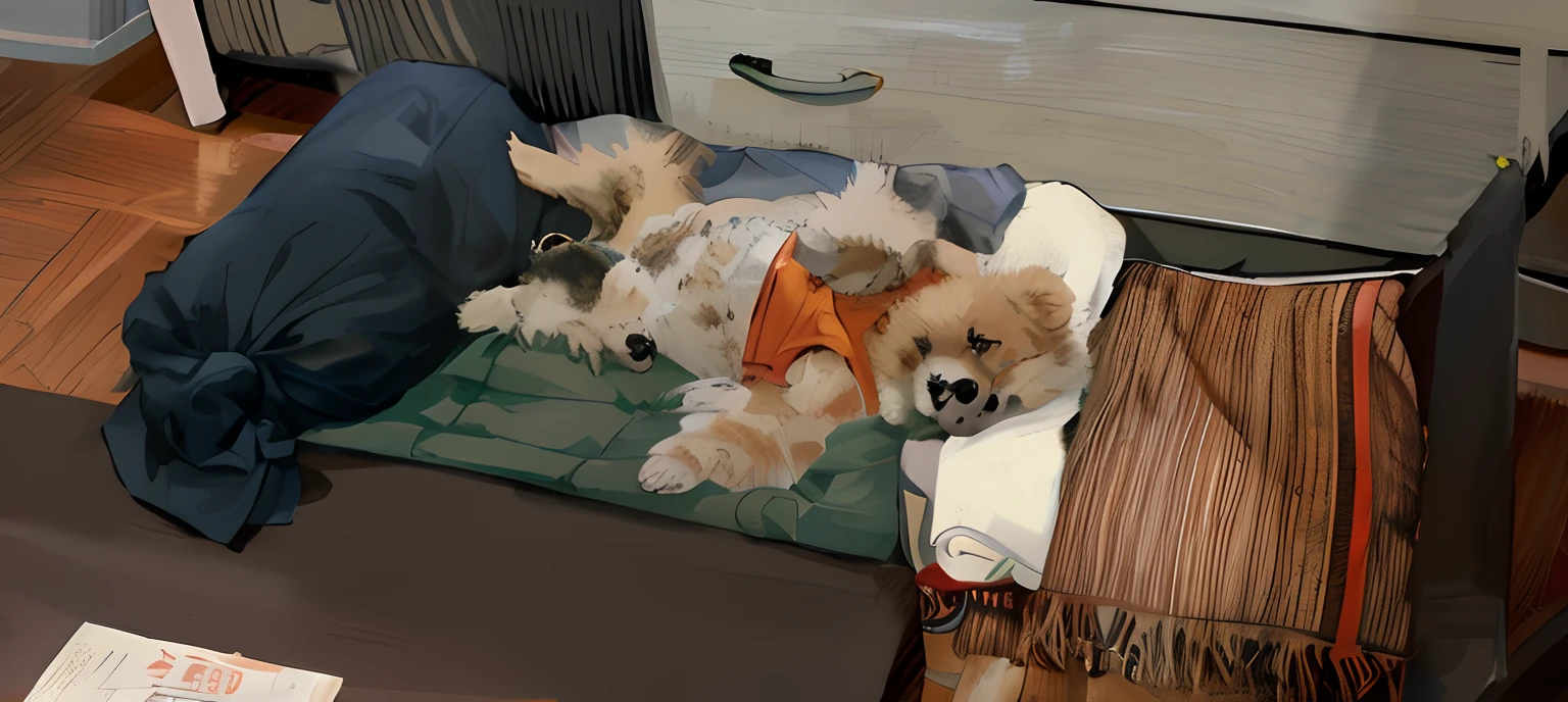 there is a small dog laying on a bed with a blanket, he is very relaxed, highly relaxed, relaxing after a hard day, resting on a tough day, laying back on the bed, lying at the bed, resting after a hard fight, laying on a bed, orange fluffy belly, dog sleeping, very handsome, she is laying on her back
