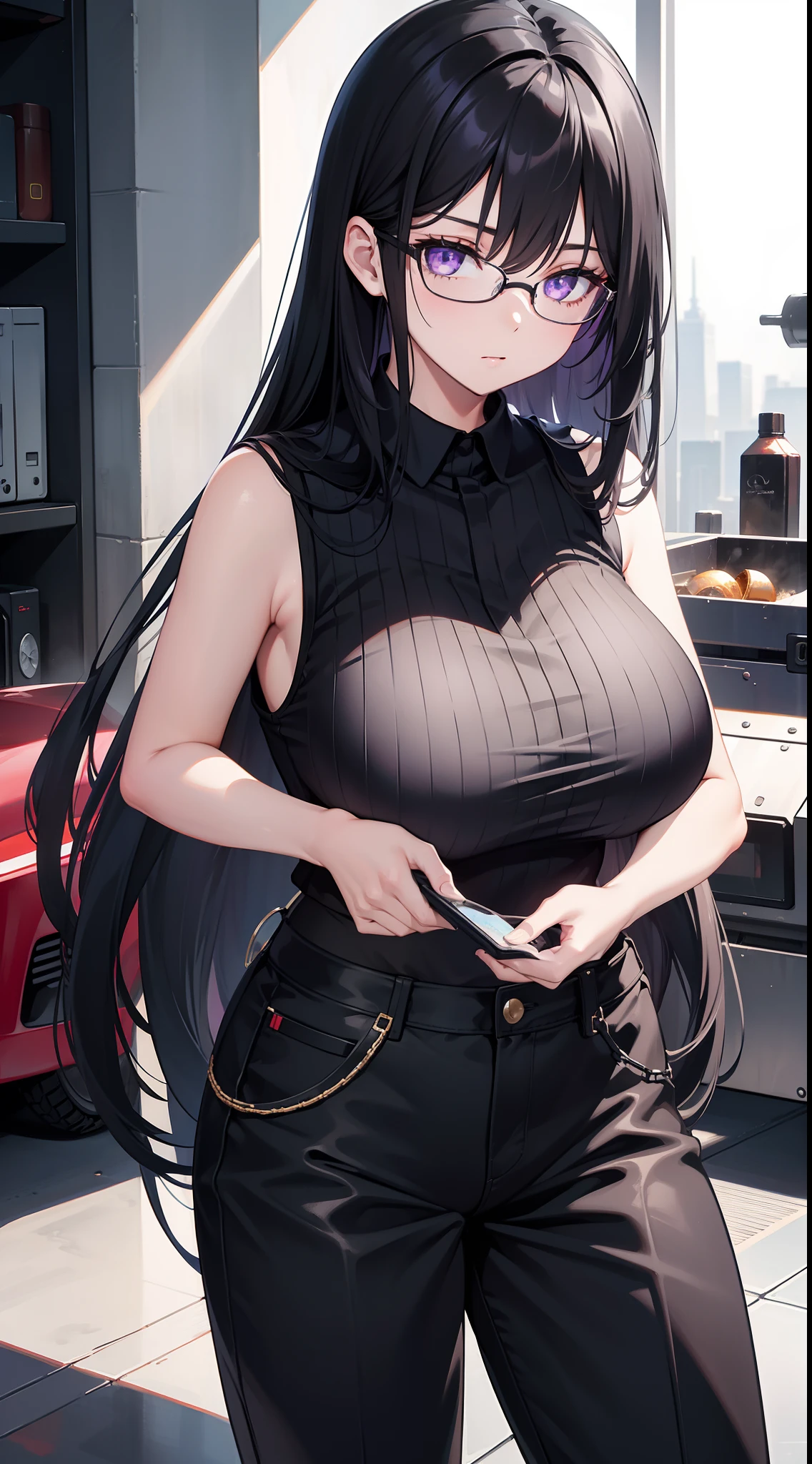 young girl, Long black hair, violet eyes, eyeglasses, Black sleeveless shirt, Huge-breasts, pants, fuel oil, An overly curious person, Masterpiece, hiquality