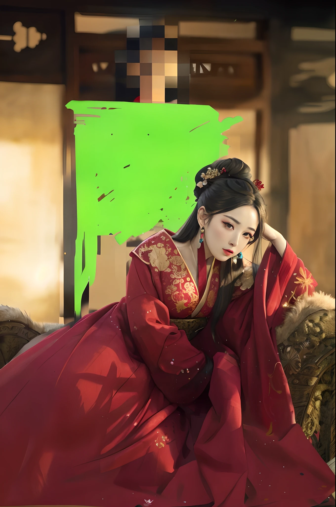 There was a woman in a red dress who was half reclining, Palace , A girl in Hanfu, Wearing ancient Chinese clothes, Hanfu,big breasts beautiful,queen,opulent