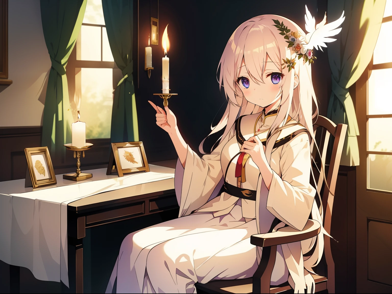 Long white hair shawl，A beautiful face，But the expression is sad，Wearing a gorgeous phoenix crown。Chair in embroidered purse。The scene can be her dormitory，There is a candlelit atmosphere。