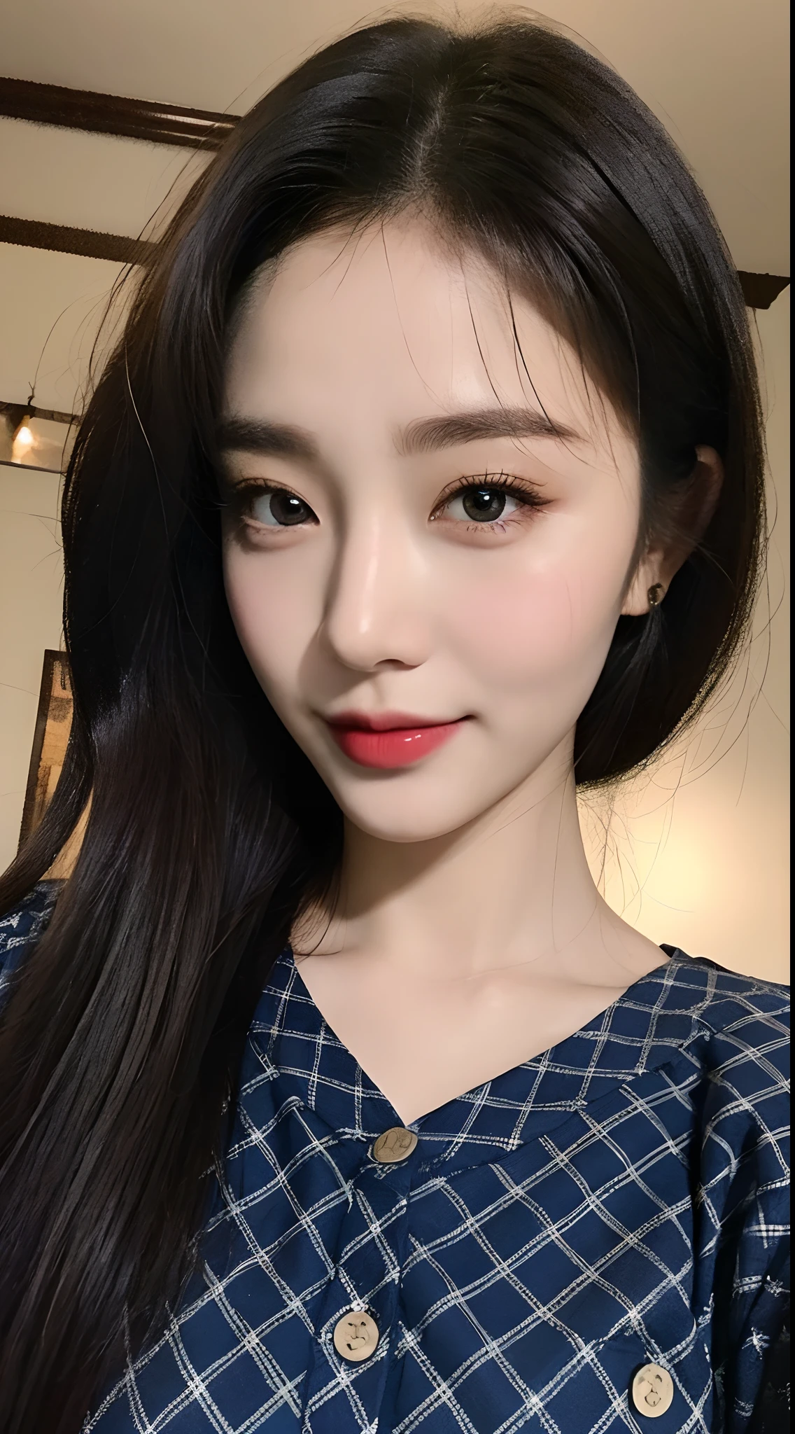 high detal,8K分辨率,超高分辨率,Best image quality,a beauty girl,lipsticks,Love pupils,Peerless beauty,Messy black straight hair,shoulder-length short hair,(Coiled hair)Smooth hair,Intense and beautiful makeup,Exquisite and perfect facial features,the most beautiful big eyes,Be red in the face,Sweet smile,(Wearing a blue lace shirt with buttons,tiese ,Plaid pleated skirt)Open navel,Thin waist,(Full breasts)Get close to the viewer,dynamic angle,Extreme picture quality,Highest accuracy