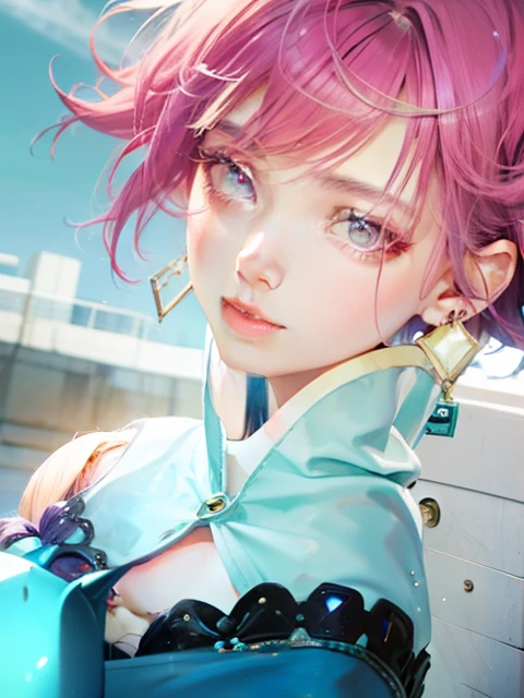 Girl with pink short splashed hair and purple drooping eyes and gold earrings and mint green clothes with open chest