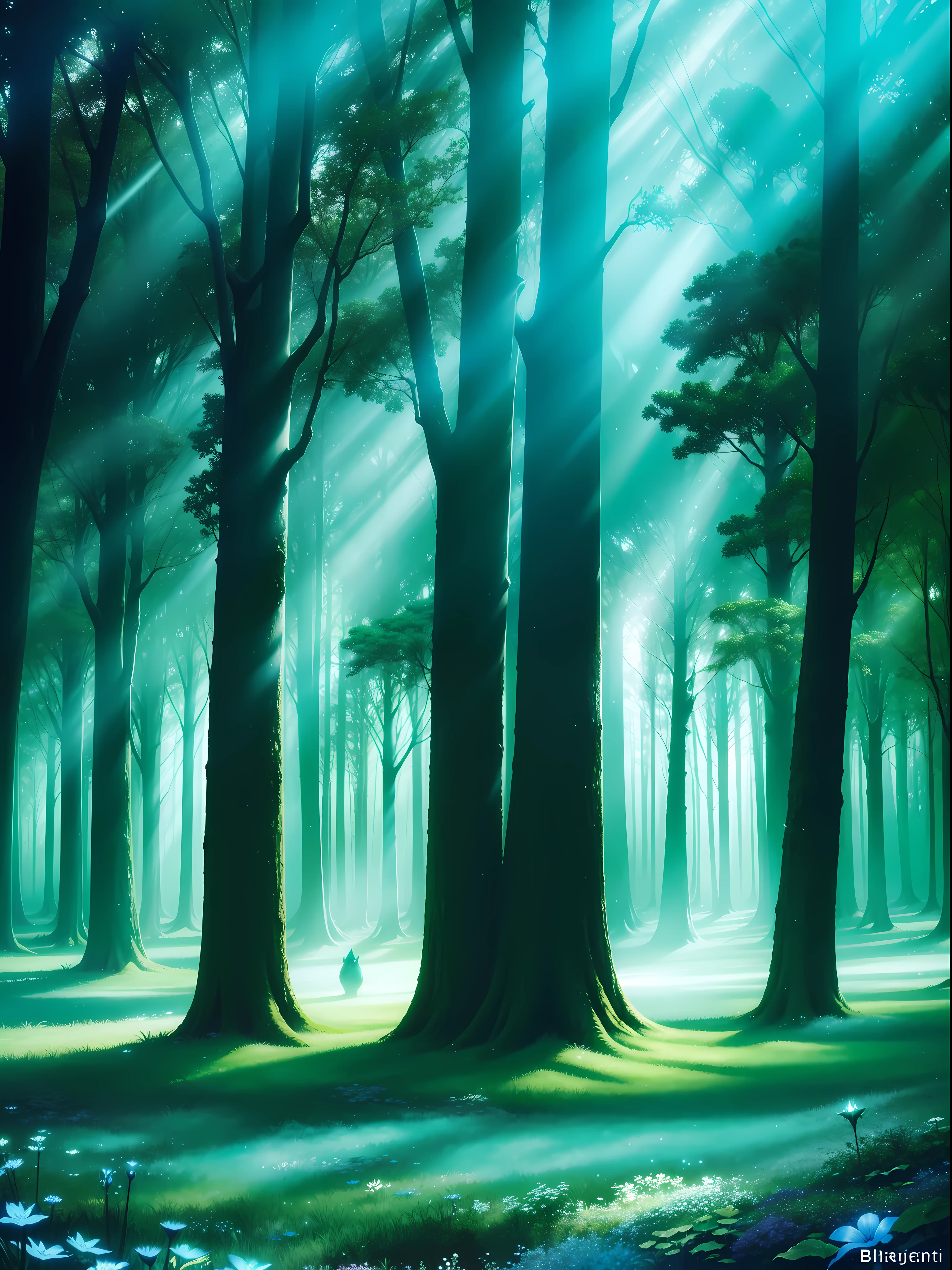 Bioluminescent creatures illuminating an enchanted glade in an ancient forest. The soft, ambient, and ethereal lighting creates an impressionistic landscape reminiscent of Claude Monet's style. The vibrant color scheme with dynamic lighting in shades of green and blue gives a sense of otherworldly magic.