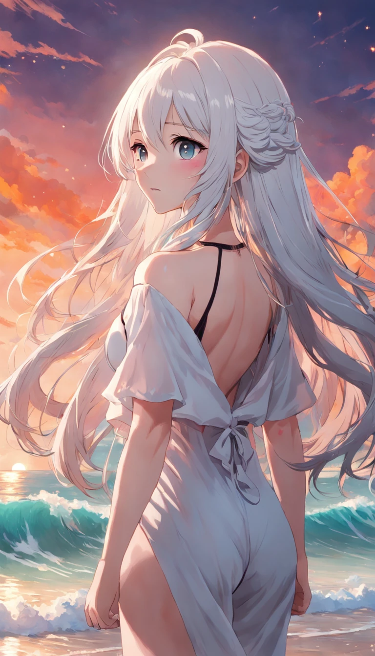 beach，look up，long white hair，full body, dark