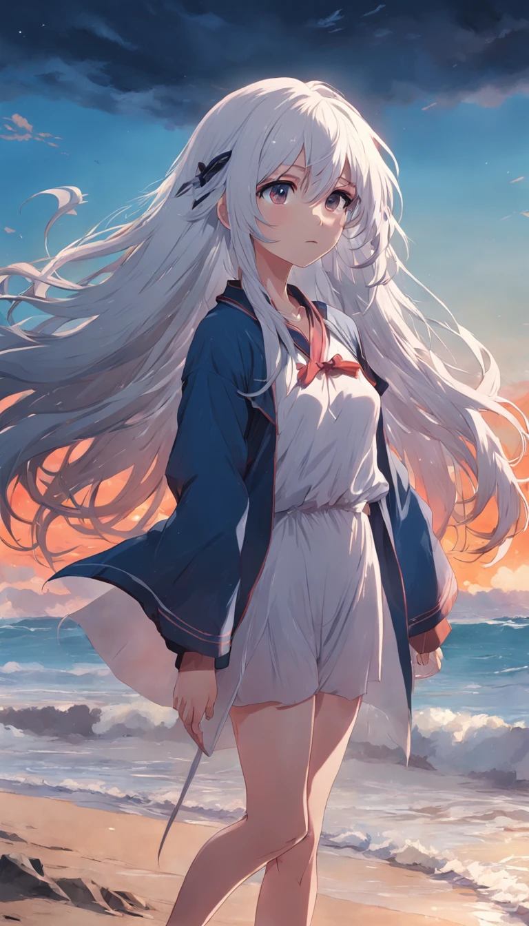 beach,look up,long white hair,full body, dark