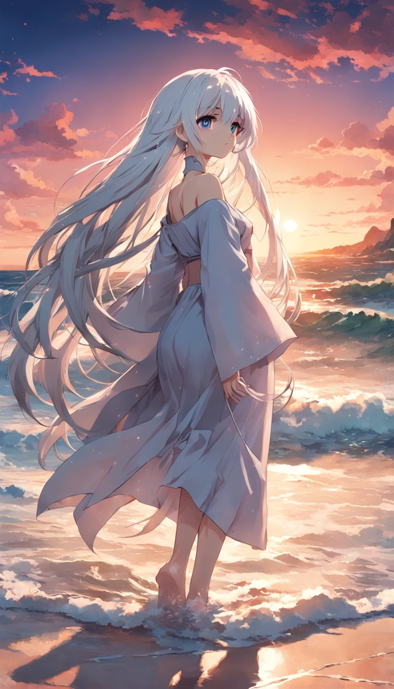 beach，look up，long white hair，full body, dark