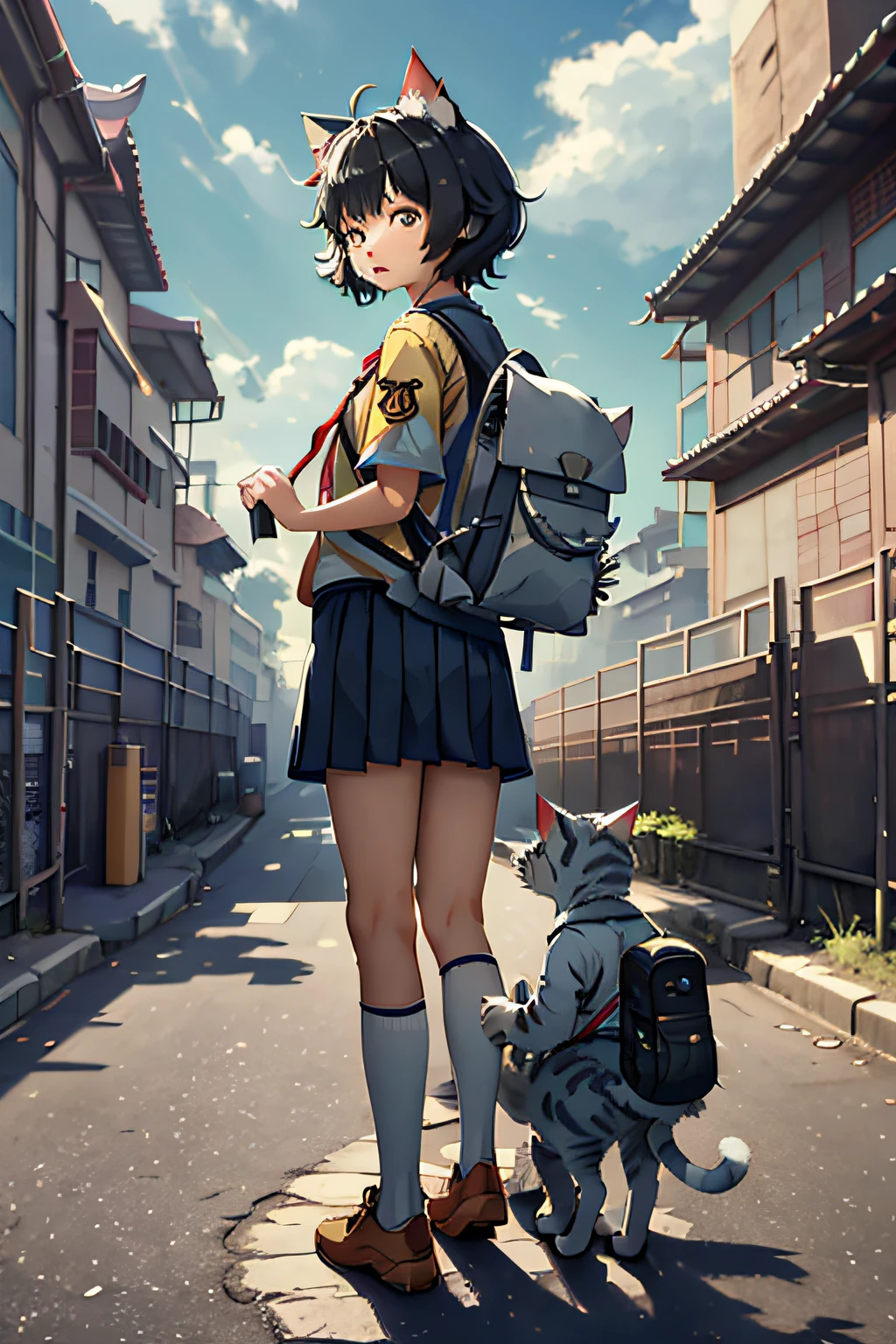 Three cats,Backpack,At the school gate,photorealestic,shaggy,personification,in a panoramic view,Wear a Chinese-style school uniform,