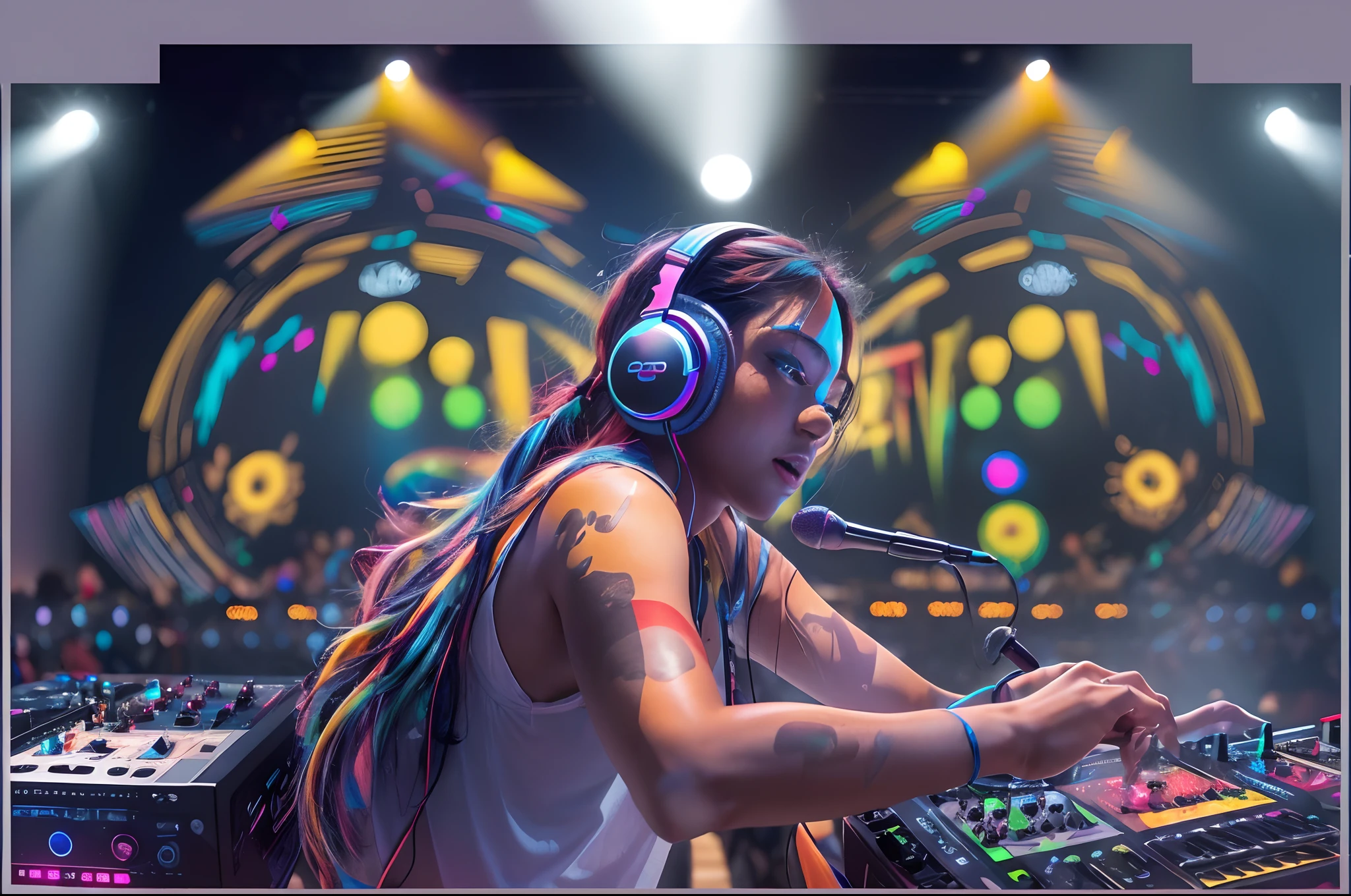 Upper body, (DJ with headphones and microphone: 1,4), mixing console, performing at a vibrant (music festival: 1,2) with (energy people: 1,1) and (stage lights colorful: 1.1),(cinematic lighting), RAW photo, 8K