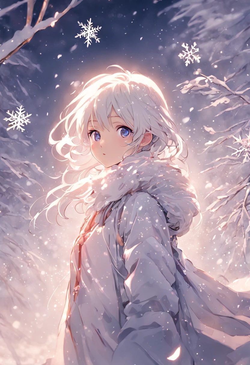 Romantic snowflakes flutter in the wind，Girl in the snow，Light white and silver design，Pay attention to the texture of the skin and flowers，Sony FE 12-24mm F/2.8 gm，Impressionist garden，Proficient in calligraphy，eco-friendly craftsmanship，Brush stroke exploration